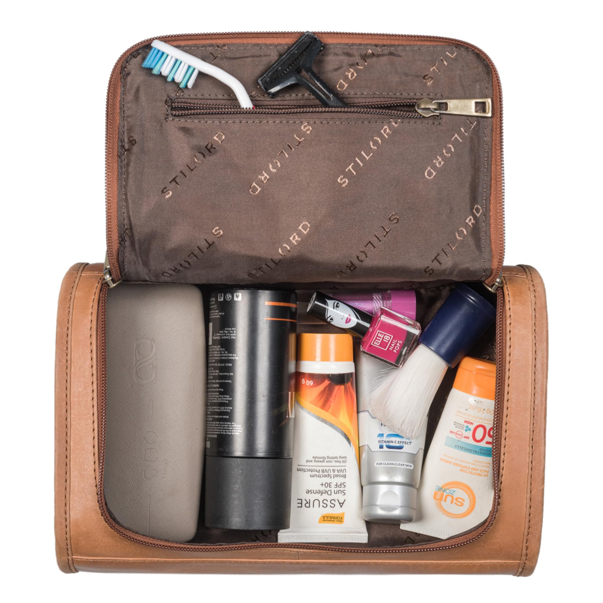 STILORD Juri Neceser de Viaje Cuero Grande para Mujer y Hombre Unisex Bolsa de Aseo para Vacaciones Estuche de Maquillaje de Piel Auténtica Color:taranto - marrón