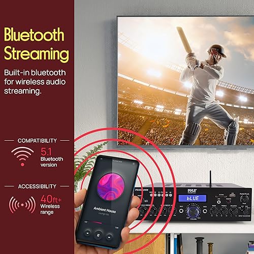 Miniatura 3 de Pyle Micrófono inalámbrico Bluetooth Amplificador de 200 W de potencia máxima receptor de audio estéreo de doble canal con USB, entrada AUX,