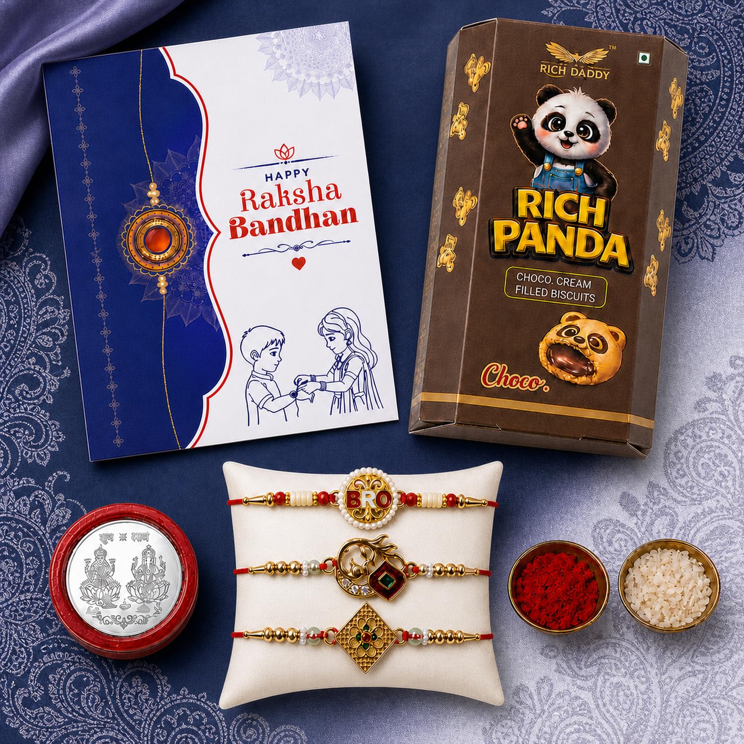 Oblivion Rhombus, BRO, Bird Multicolor Rakhi for Brother & Bhaiya with Chocolate Cream Filled Biscuit 60gm - Raksha Bandhan Gift Set, Roli Tikka, Pooja Coin, Greeting Card | Festive Present, Pack of 7-picture-14