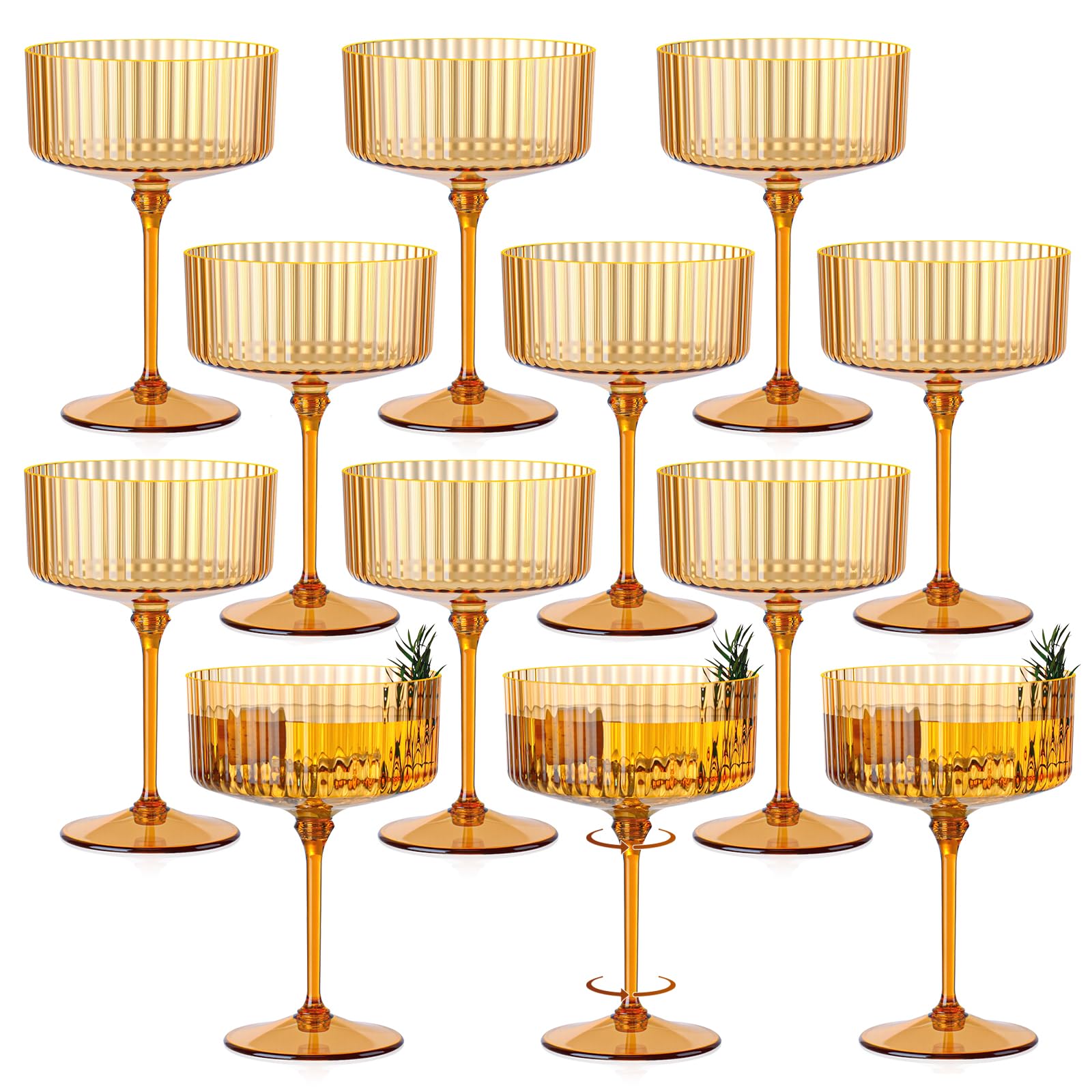 Photo 1 of 24 PCS Ribbed Coupe Glasses Hot Pink Plastic Champagne Coupe Cup 10oz Detachable Gold Rim Espresso Martini Glass Vintage Margarita Glassware Cocktail Glass Set for Valentine's Day Bachelorette Party