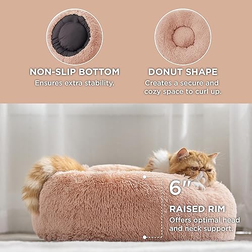 Vista 210 de Bedsure - Cama relajante para perros medianos, lavable, tipo dona, cama para gato, antideslizante, redonda, afelpada, mullida, de piel sintética