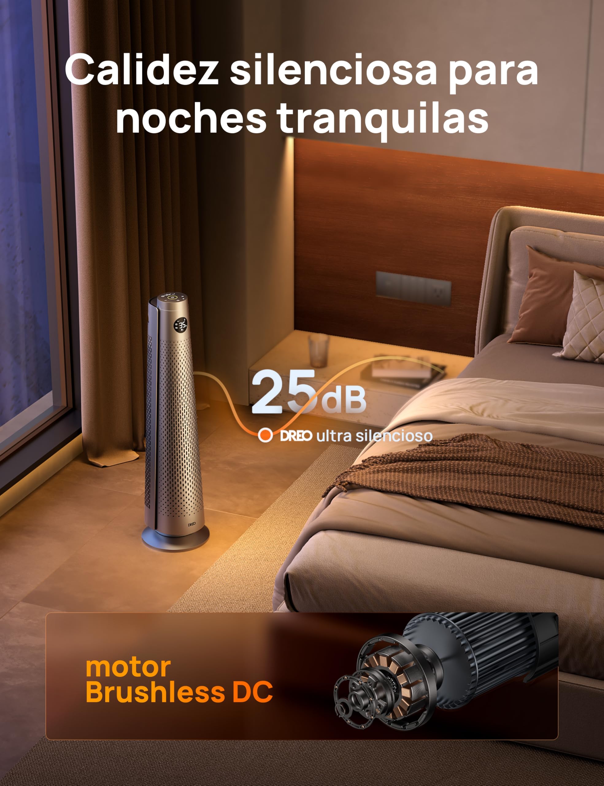 Dreo Calefactor de bajo consumo 2000W con mando a distancia, 25 dB silencioso, oscilación 120°, termostato, 5 modos 3 velocidades, protección 7 niveles, temporizador 12h, calefactor cerámico PTC