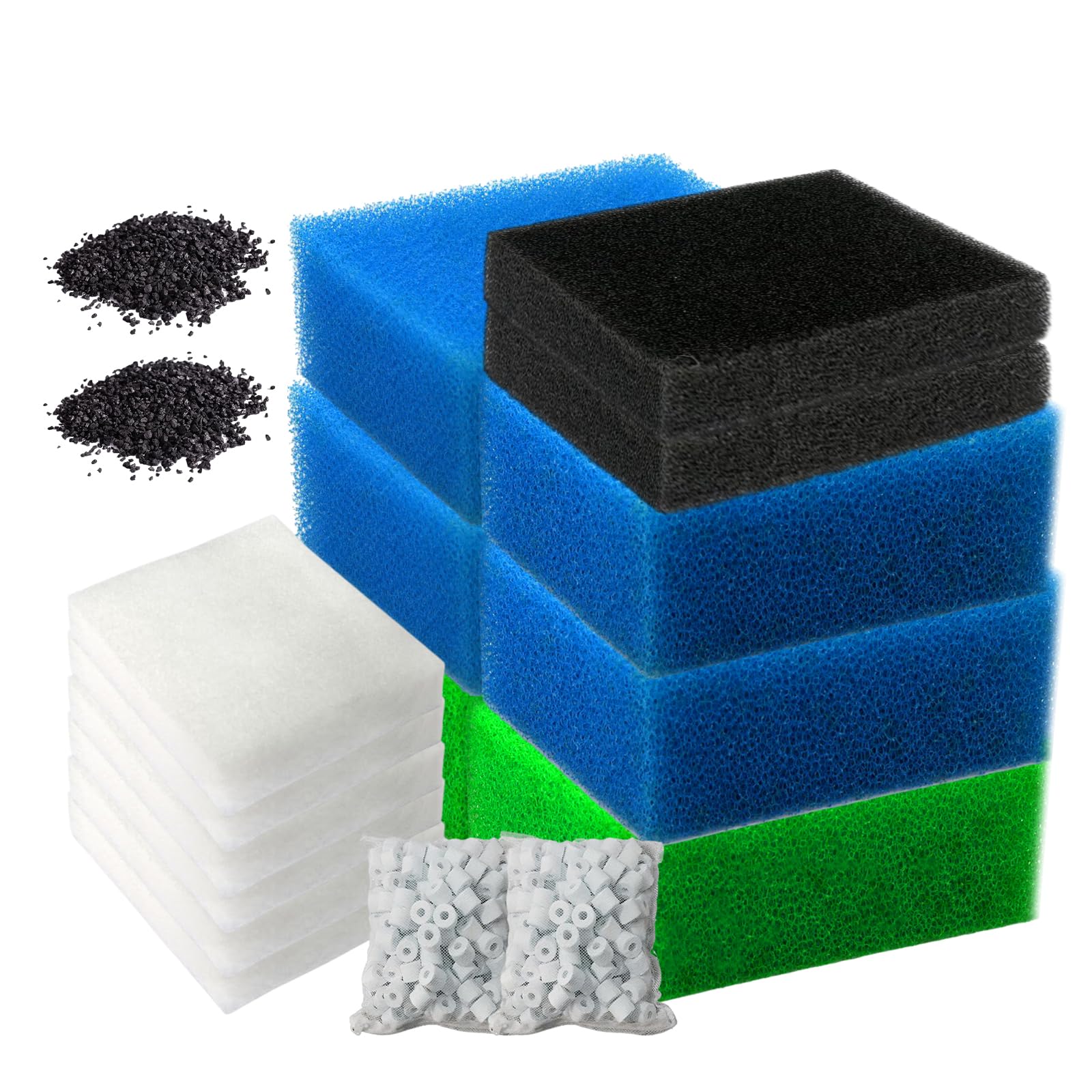 Set di filtri compatibili, kit per filtri per acquario, 6 spugne (2 blu fine, 2 blu grosso, 2 verdi), 6 lana filtrante, 2 spugne al carbonio attivo, 2 sacchetti di carbone attivo, 2 anelli in ceramica