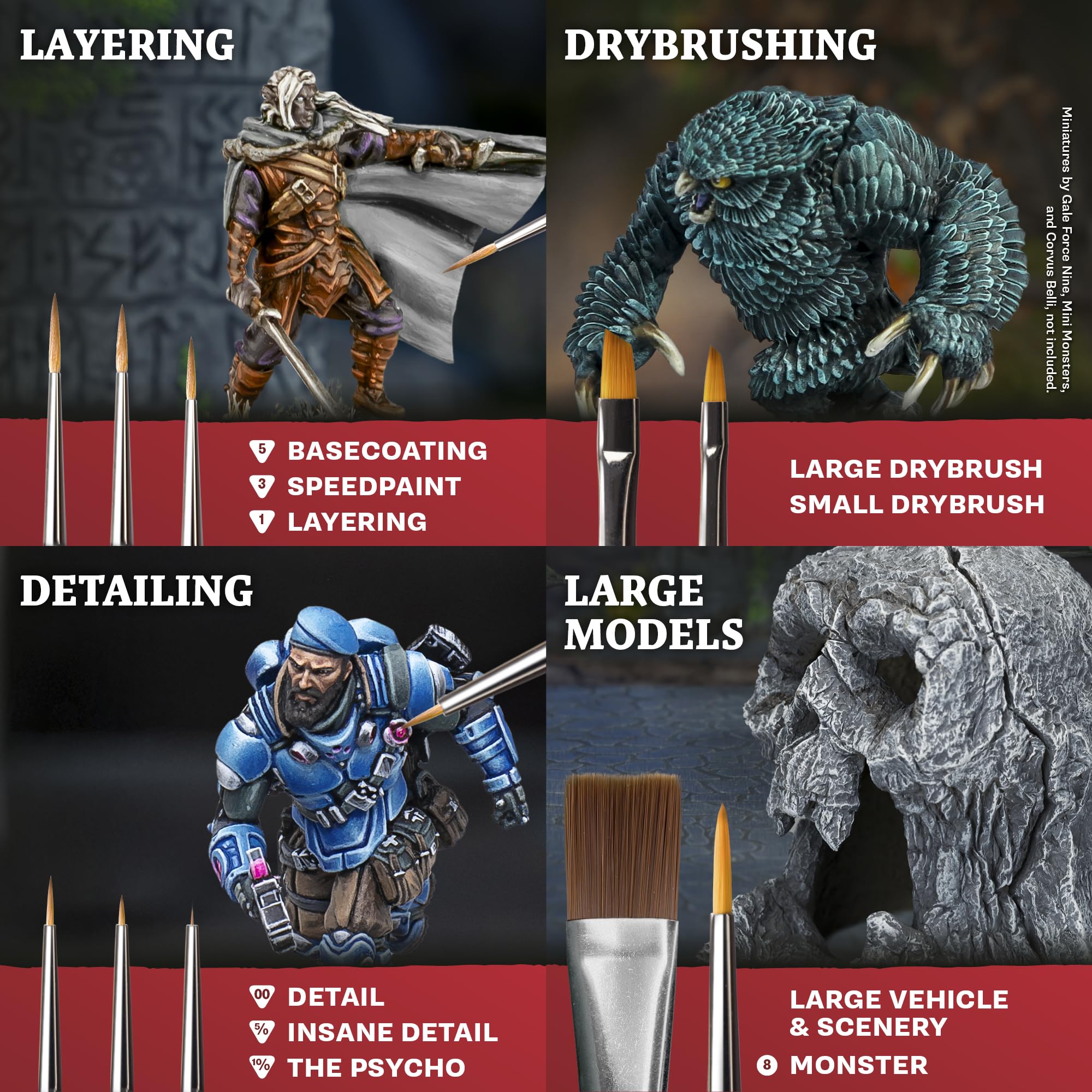 The Army Painter, Mega Brush Set, 10 pinceaux pour miniatures Wargamer – 3 pour le layering, 2 pour le drybrushing, 3 pour le detailing et 2 pour les grands modèles