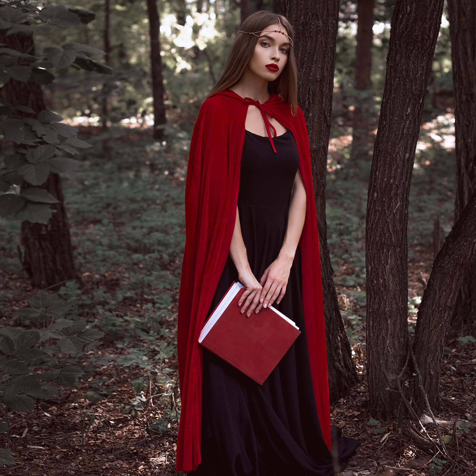 FUIPVGI 140 cm/55" Red Cloak,Grim Reaper Costume,Grim Reaper Costume,Cape Halloween Hooded Cape Witch Cosplay,for Adult Kids Halloween Vampire Fancy Dress Role Play Cosplay (Red) - Image 3