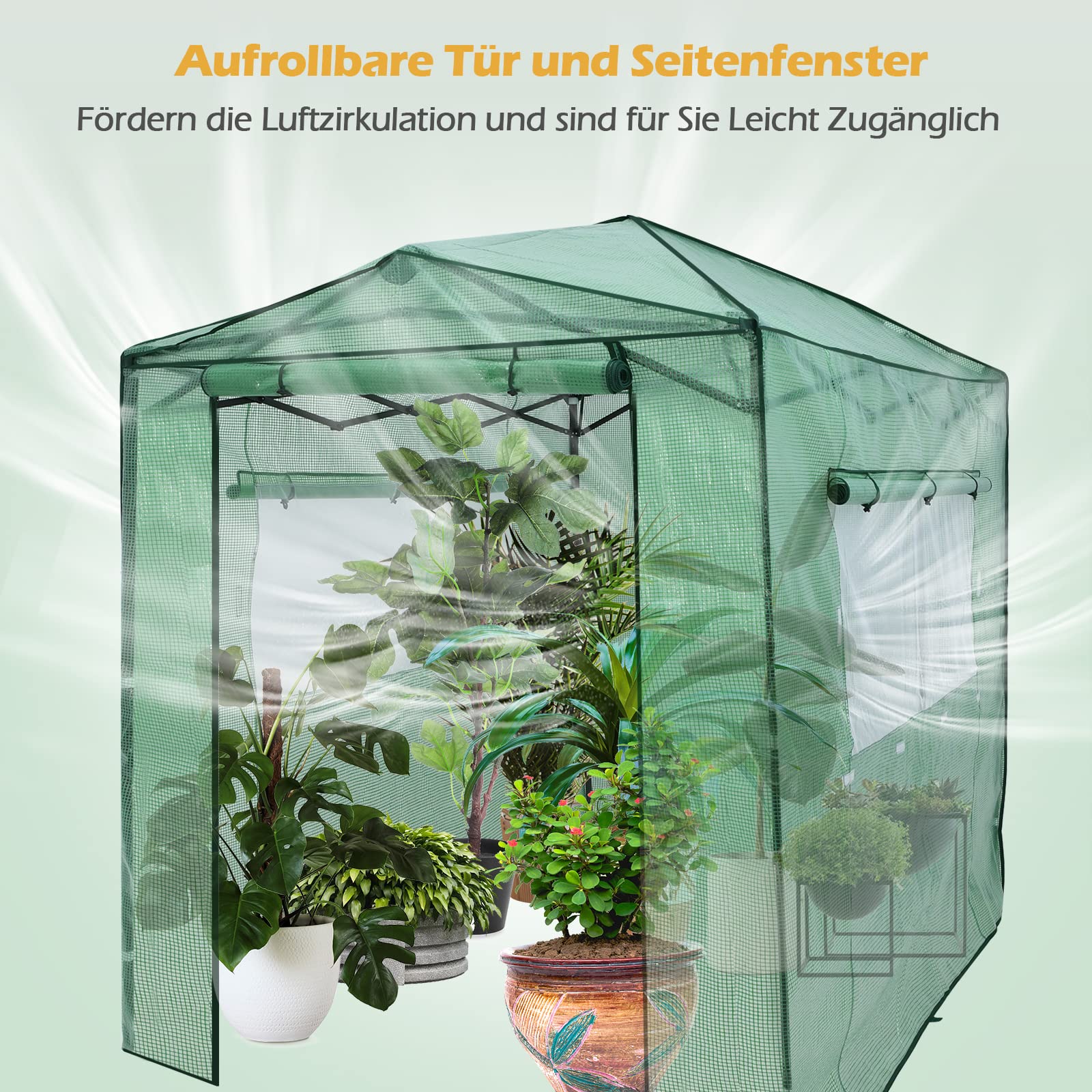 RELAX4LIFE Gewächshaus, Foliengewächshaus Winterfest mit 2 Aufrollbaren Fenstern & 2 Aufrolltüren, Überwinterungszelt für Pflanzen, Pflanzenhaus für Blumen Gemüse Obst, 250 × 180 × 210-230cm