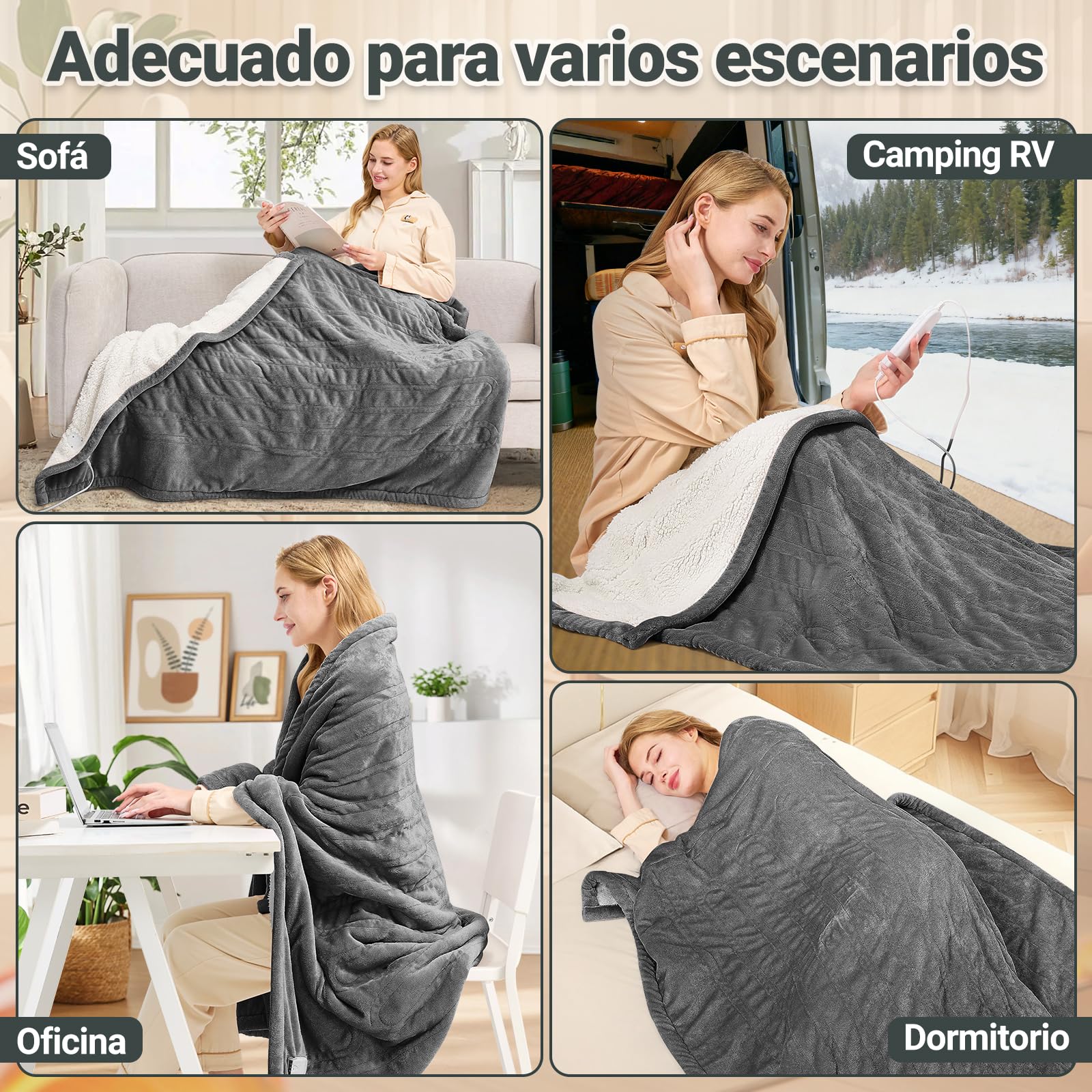 Charmofun Manta Eléctrica, 130x180 cm Manta Térmica de Franela con 8 Ajustes de Temperatura, Temporizador de 12H, Apagado Automático, Lavable a Máquina, Electric Blanket (Gris Oscuro)