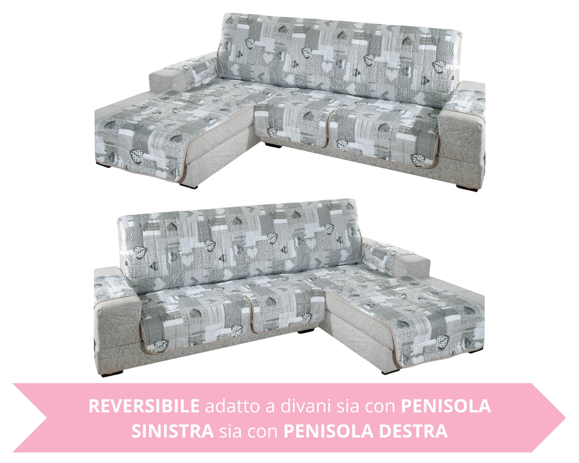 Tata Home Copridivano con Penisola Angolare Reversibile Universale Fantasia a Cuori Misura 3 Posti in Tessuto Trapuntato Imbottito Fronte e Retro Colore Grigio