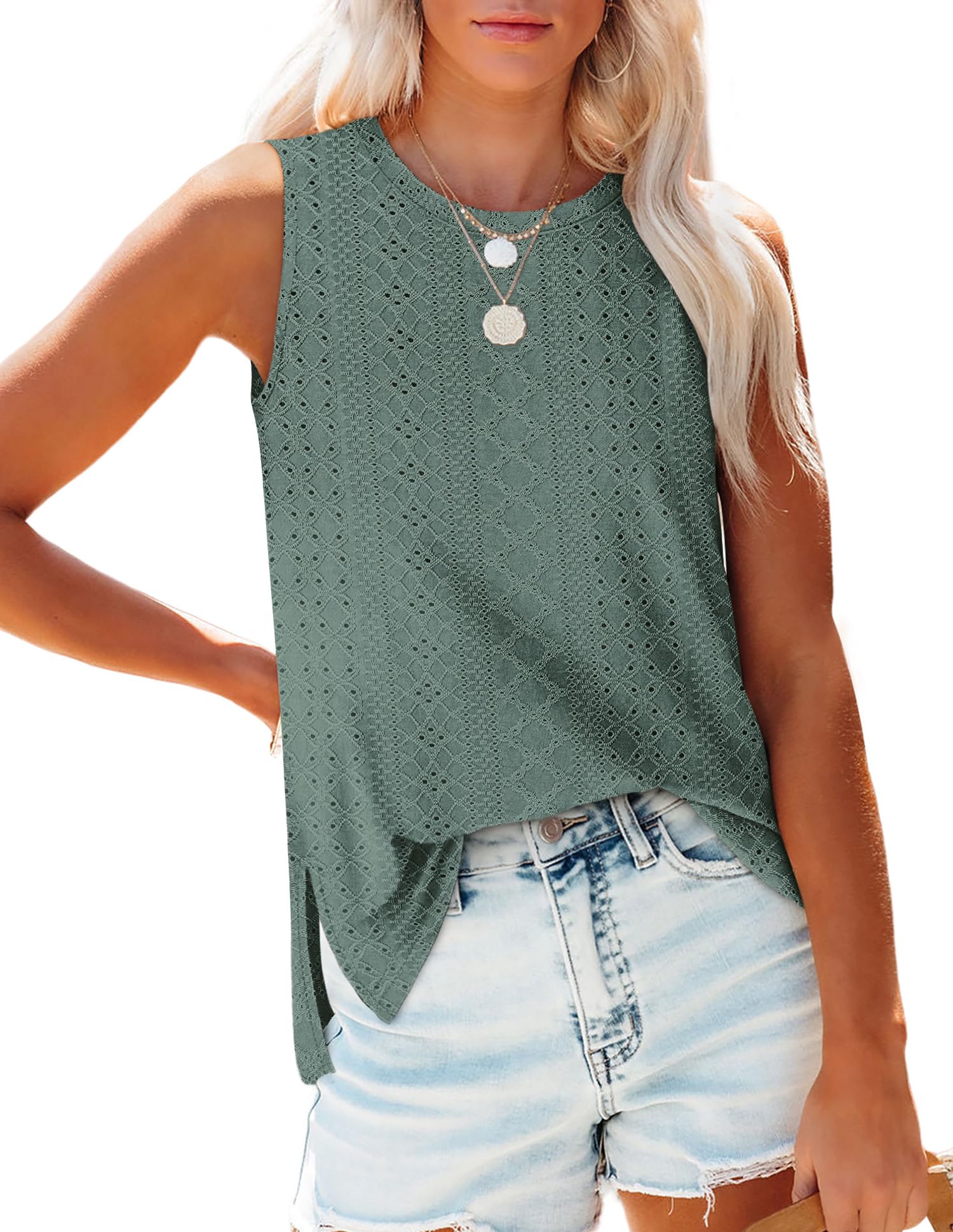OFEEFANWomens Tank Tops High Neck Summer Tops Eyelet Sleeveless Shirts Loose Fit 2025
