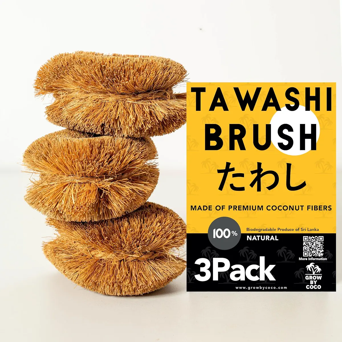GrowByCoco Pack of 3 Tawashi 100% Natural Coconut Coir Fiber Brush, Ideal for Vegetable and Fruit Scrub, Kitchen Cleaning Needs, Kamenoko Japanese Design