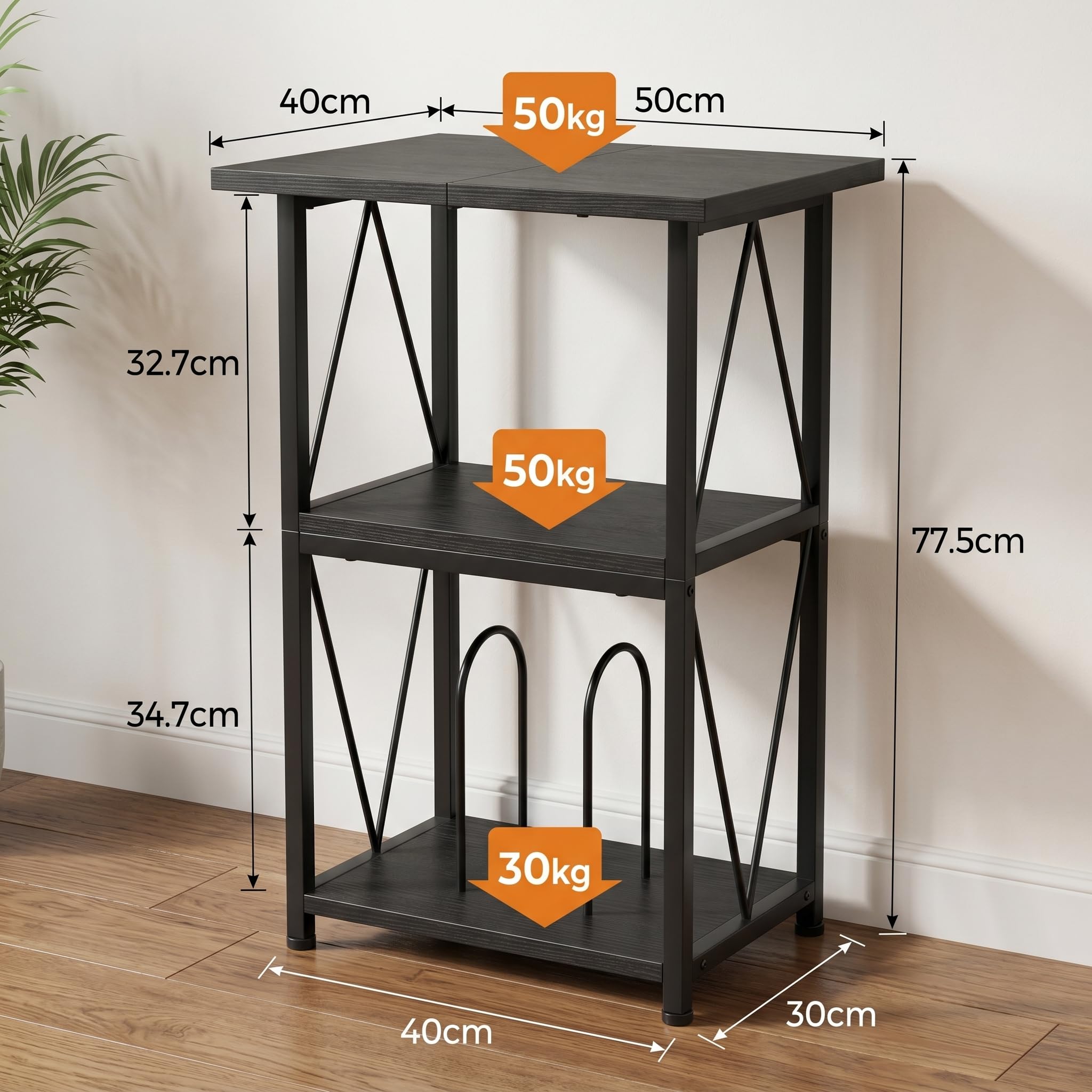 Plattenspieler Regal mit Ladestation, Schallplatten Regal, Beistelltisch | Plattenspieler Regal mit breiter schwarzer Strukturplatte, stabilem Rahmen & Platz für 100 LPs – für Wohn-, Schlaf- & Büro.