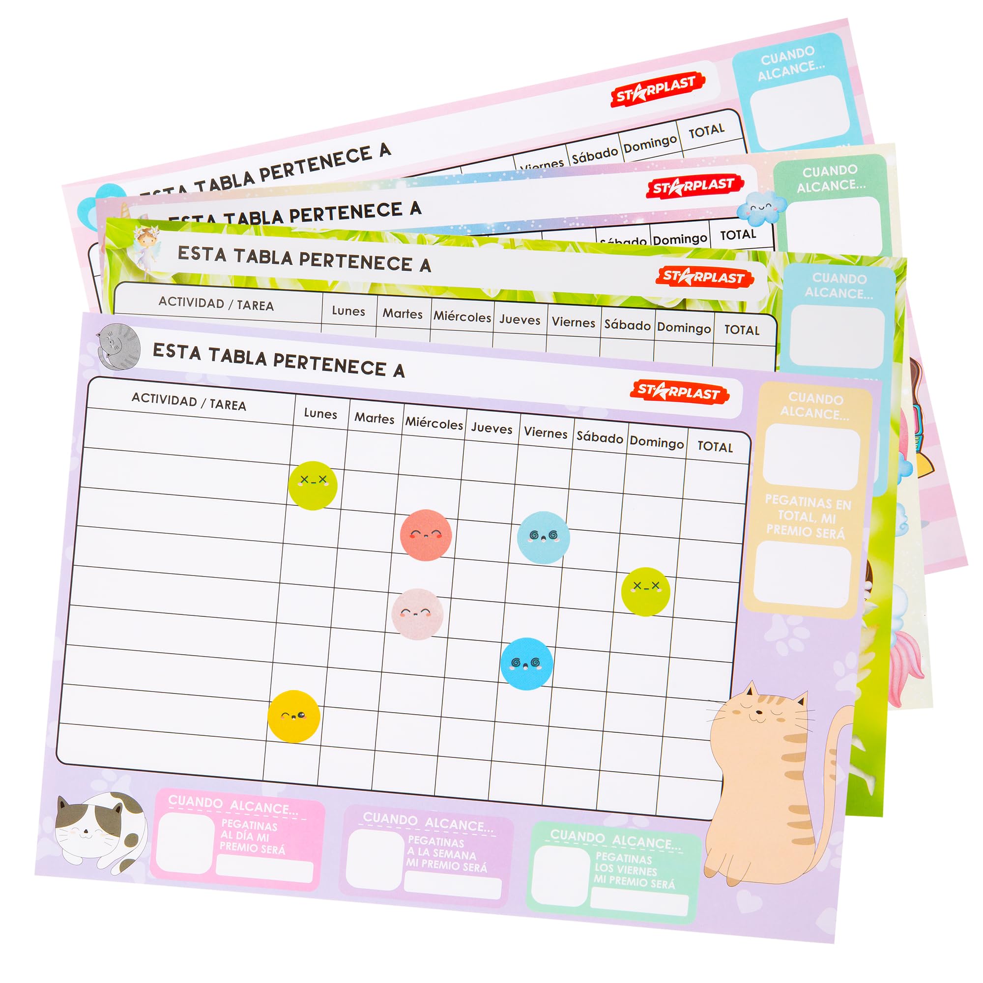 TABLAS DE RECOMPENSAS PARA NIÑOS STARPLAST - Incluye 16 láminas de pegatinas, 4 diseños diferentes de tabla recompensa y 16 hojas de tablas recompensa para usar con niños - CUTE