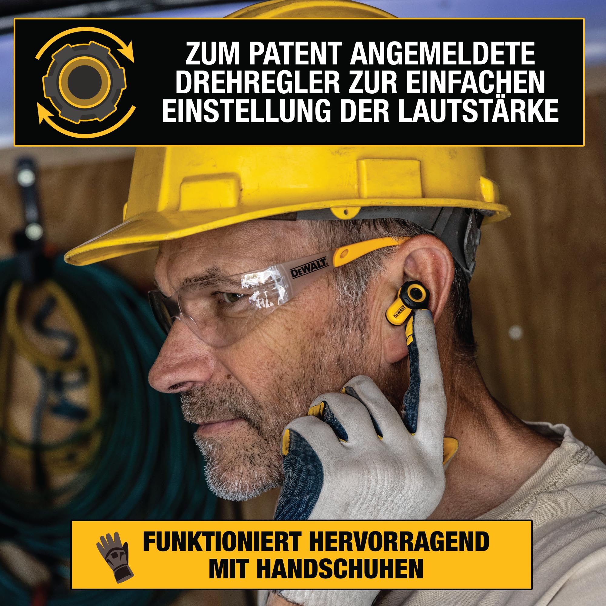 DEWALT Jobsite Pro X2 True Wireless Earbuds – Bluetooth 5.3 Kopfhörer mit Active Noise Cancelling, IP54 Staub- & Wasserschutz, 40 Std. Akkulaufzeit, Lautstärkeregelung, für Arbeit & Reisen