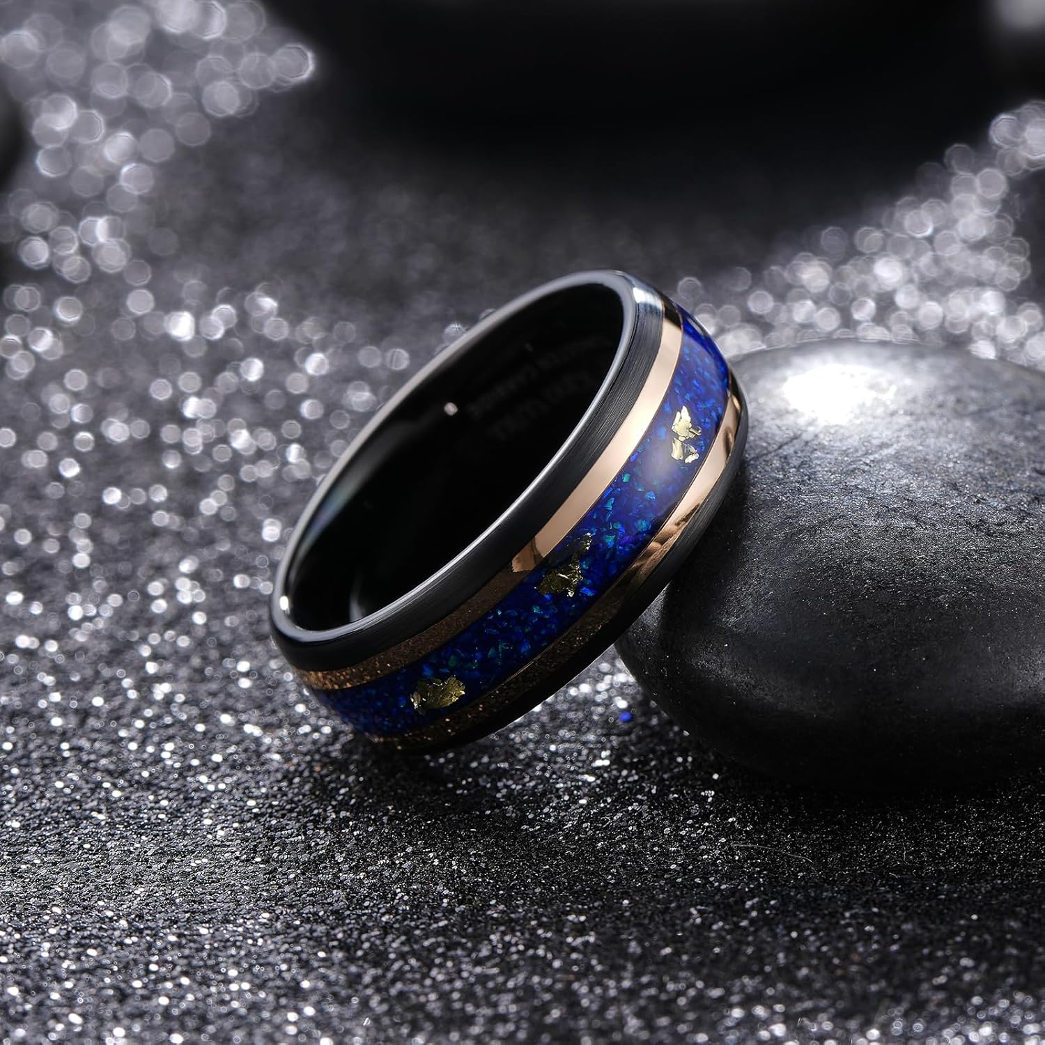 King Will Black Tungsten Rings for Men Hammer Wedding Band Gold Groove Sand Inlay - Image 3