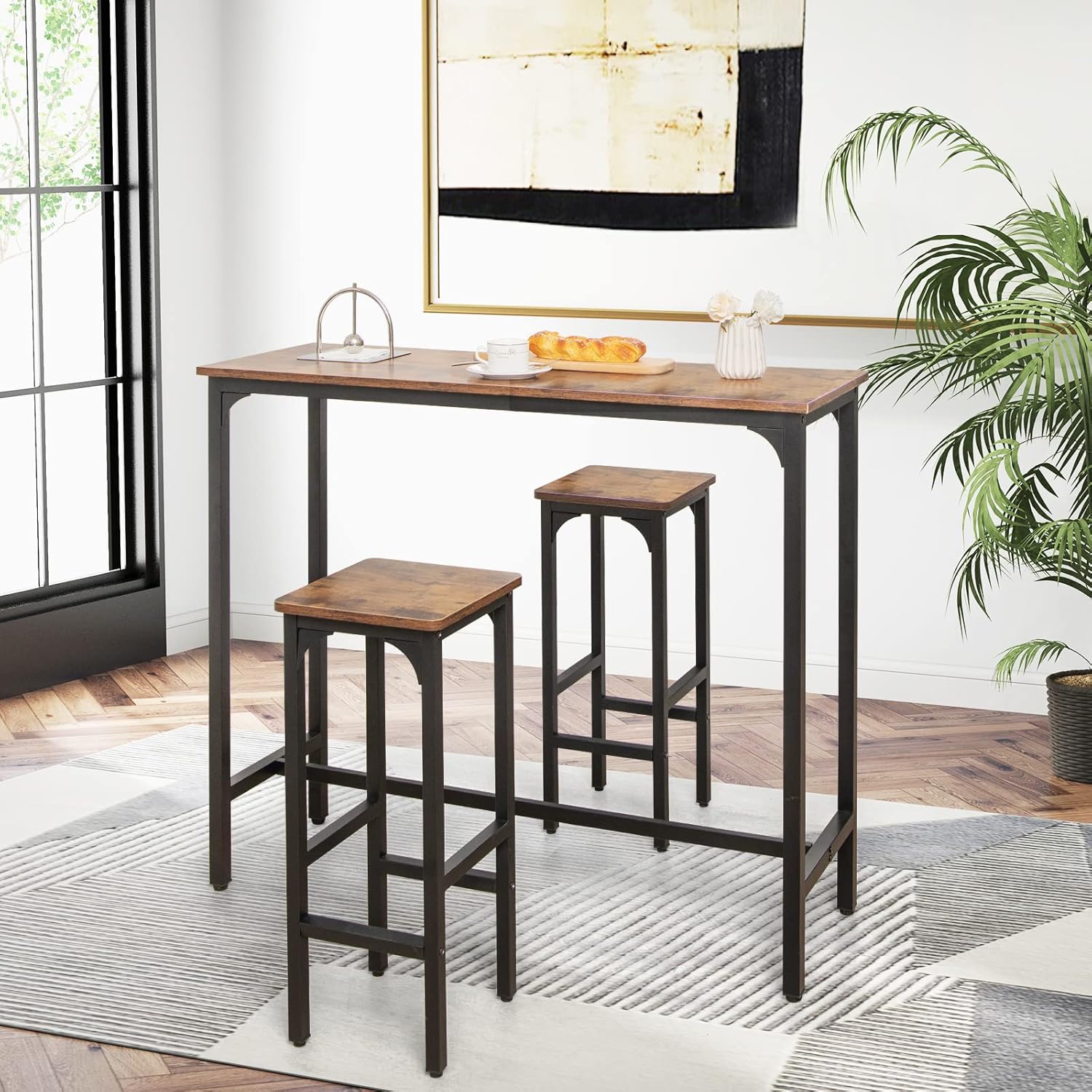 Set of 2 Black and Rustic Brown Adjustable Wood and Metal Bar Stools