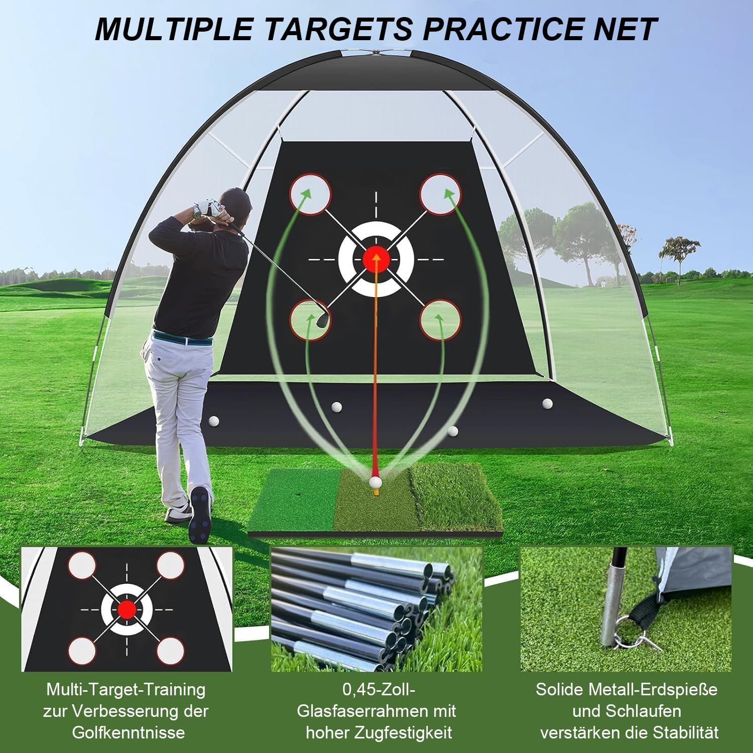 Red de entrenamiento de golf de 10 x 7 pies con colchoneta. Juego completo de entrenamiento de golpes y chipping para interiores y exteriores, incluye alfombrilla de objetivo y pelotas para hombres