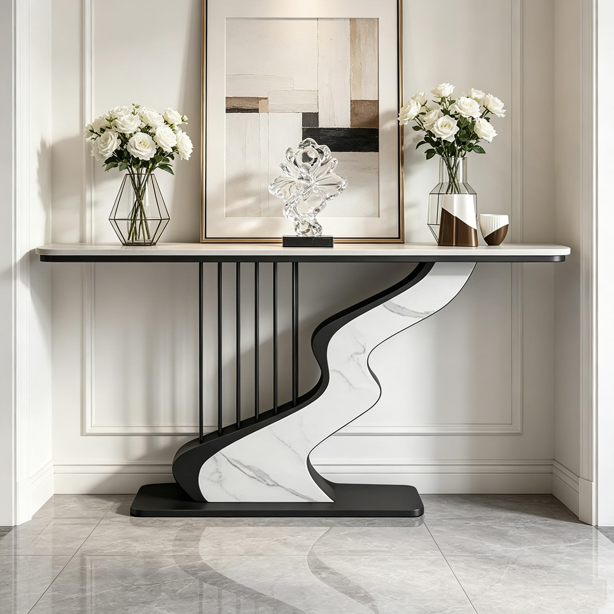 Tavolo consolle stretto moderno con piano in pietra sinterizzata avolino da divano per ingresso, corridoio,soggiorno,foyer e zona d'entrata(Black-D,120cm/47.2in)