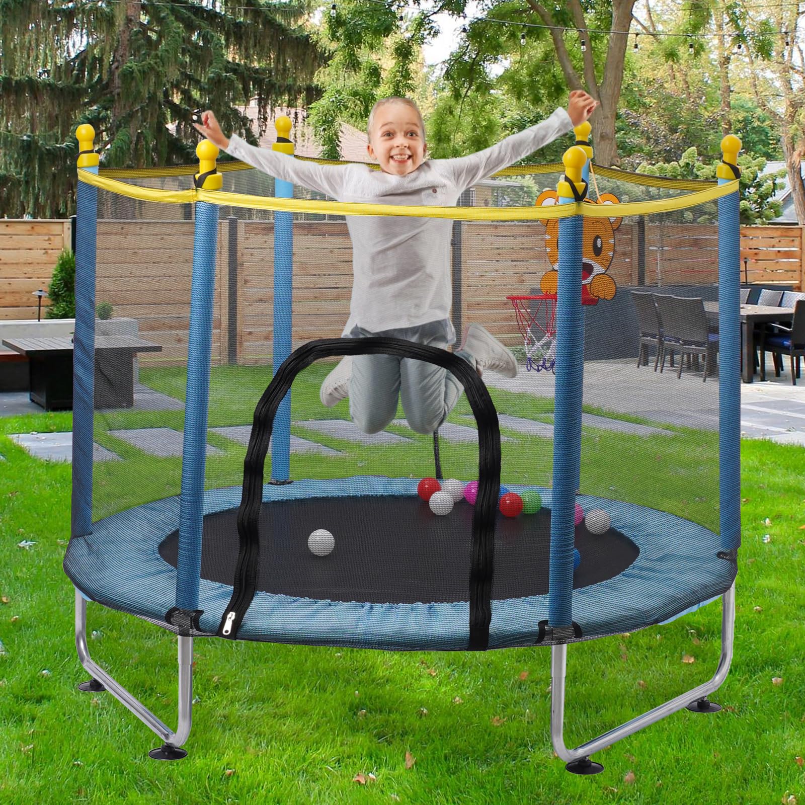 Kinder Trampolin 140 cm, Trampoline Outdoor mit Sicherheitsnetz, Indoor Kindertrampolin mit Basketballkorb, Kleines Trampolin Outdoor für Kinder ab 2 3 Jahre