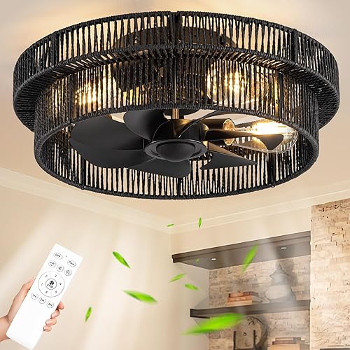 Miniatura 12 de Ventilador de techo de ratán estilo bohemio con luz de montaje empotrado, ventiladores de techo enjaulados de 20 pulgadas con luz y control remoto