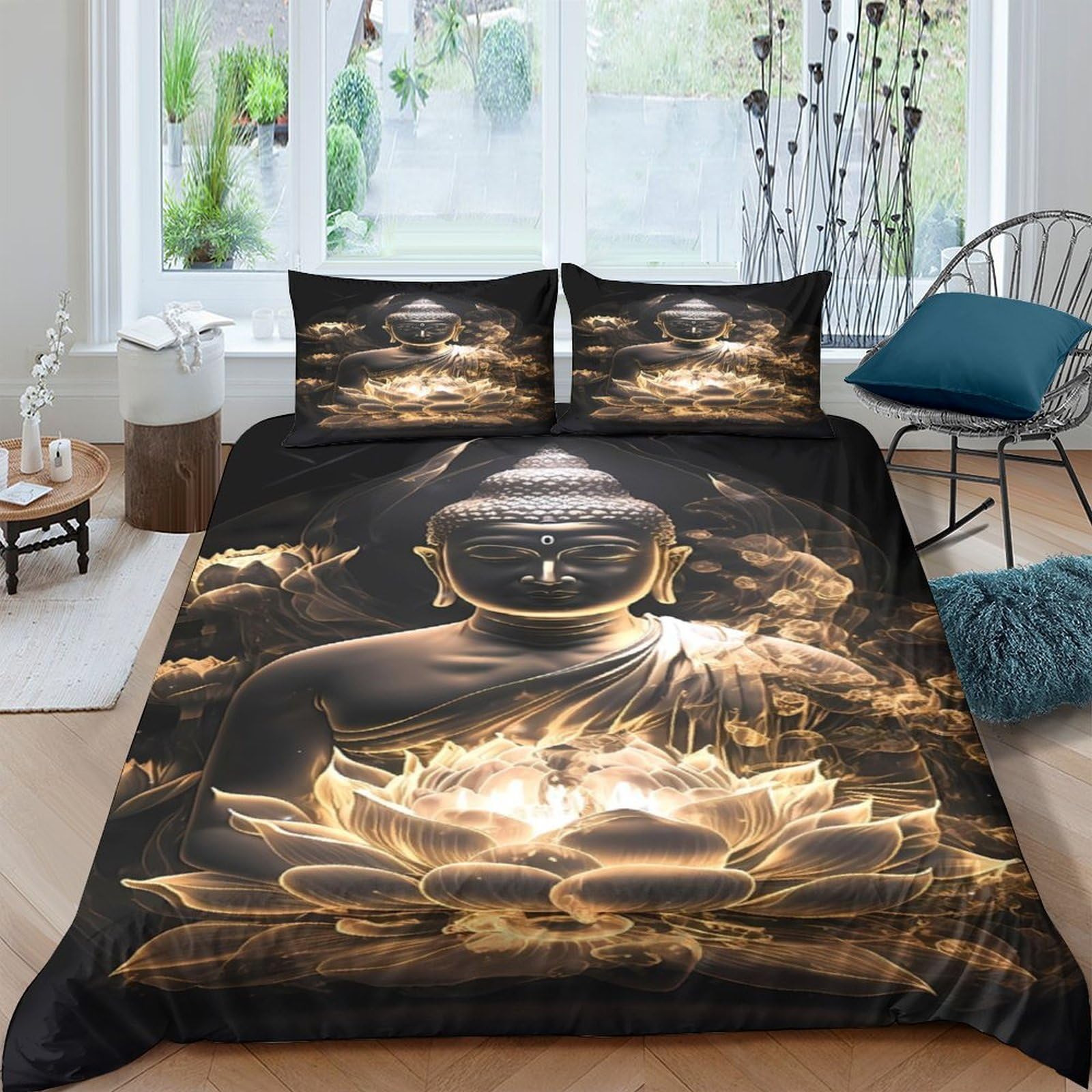 Ctjqhvkz Style-10 3D Printed Golden Buddha Fitted Sheet Microfiber Soft Breathable Lotus Bed Cover For Bedroom Decor Mattress Protection Single（135X200cm）