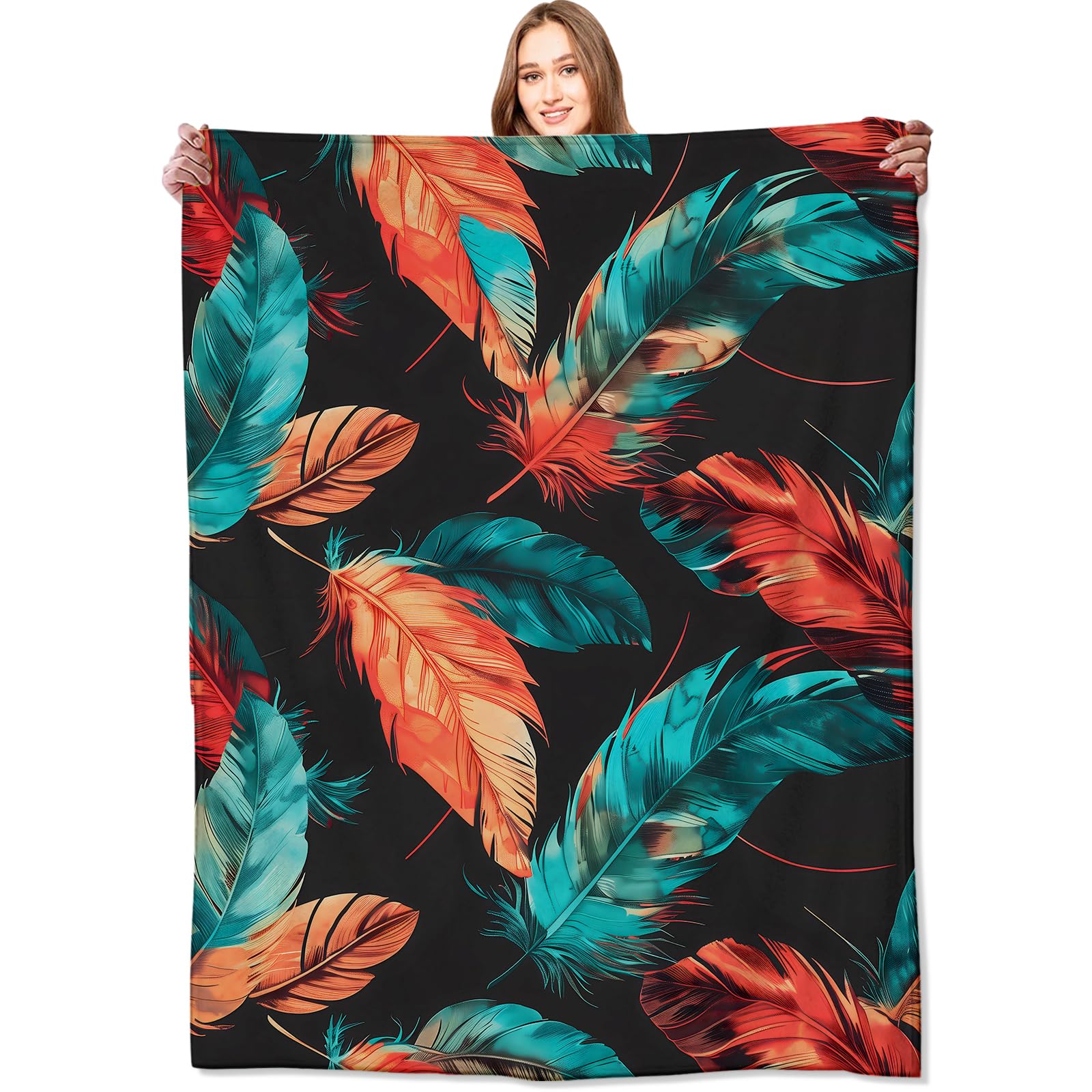 VODRM Native American Feather Blanket Southwestern Turquoise Rust Orange Black Throw Blankets,Birthday Gifts for Kids Adult,Lightweight Soft Fleece