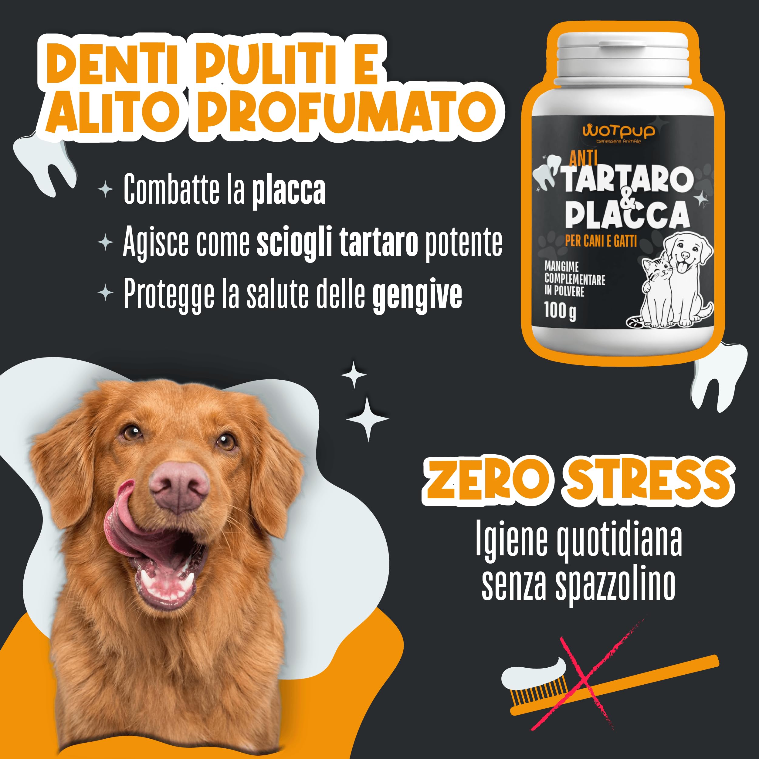 Dental Bright Polvere Dentale per Cani e Gatti, Sciogli Tartaro e Placca, Dentifricio Senza Spazzolino con Inulina, Menta, Pappa Reale e Salvia 100g 50 Dosi Made in Italy