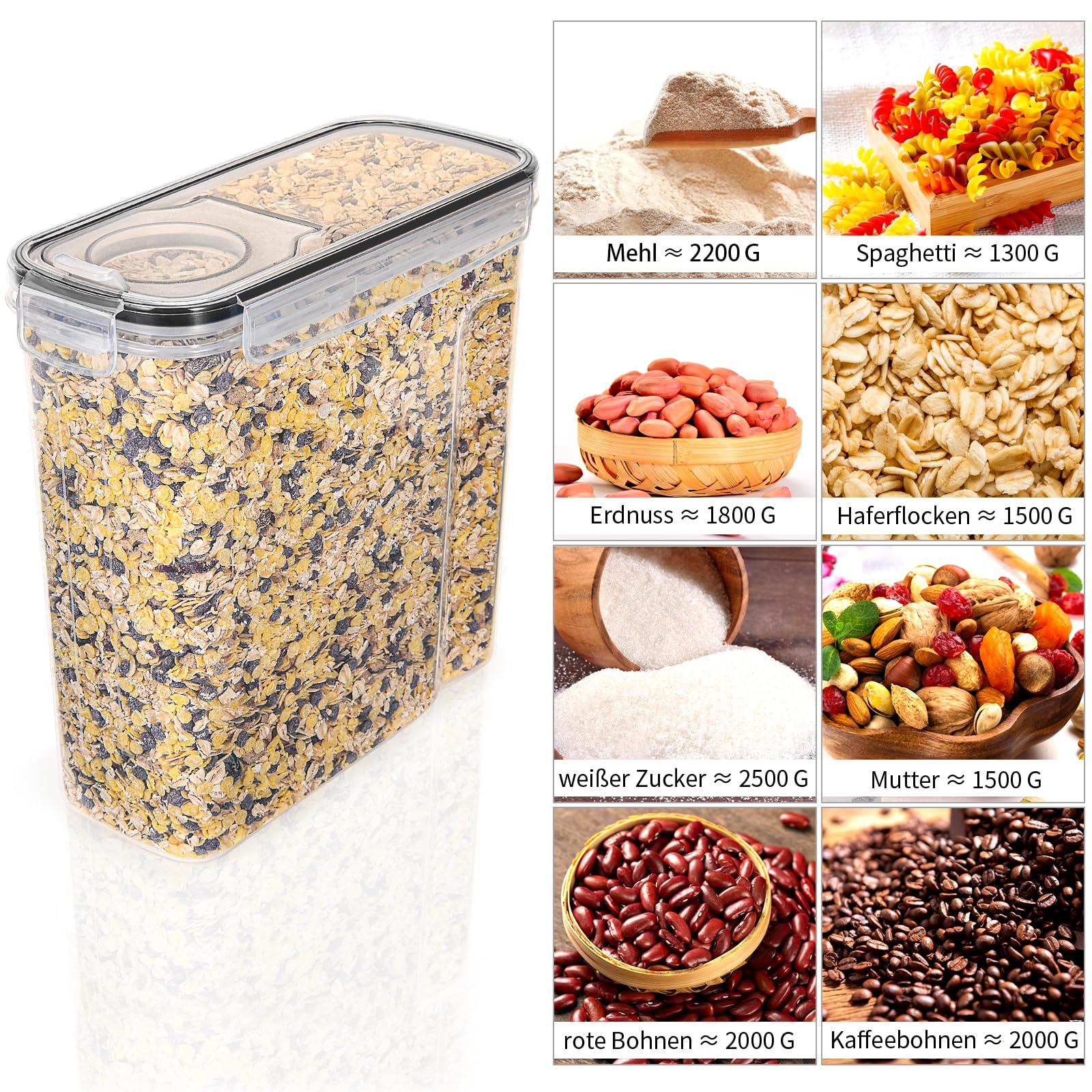Besmall Graancontainer met luchtdicht deksel, opbergdoos voor de keuken, met maatbeker, voor muesli, noten, snacks, 1,5 liter, BPA-vrij