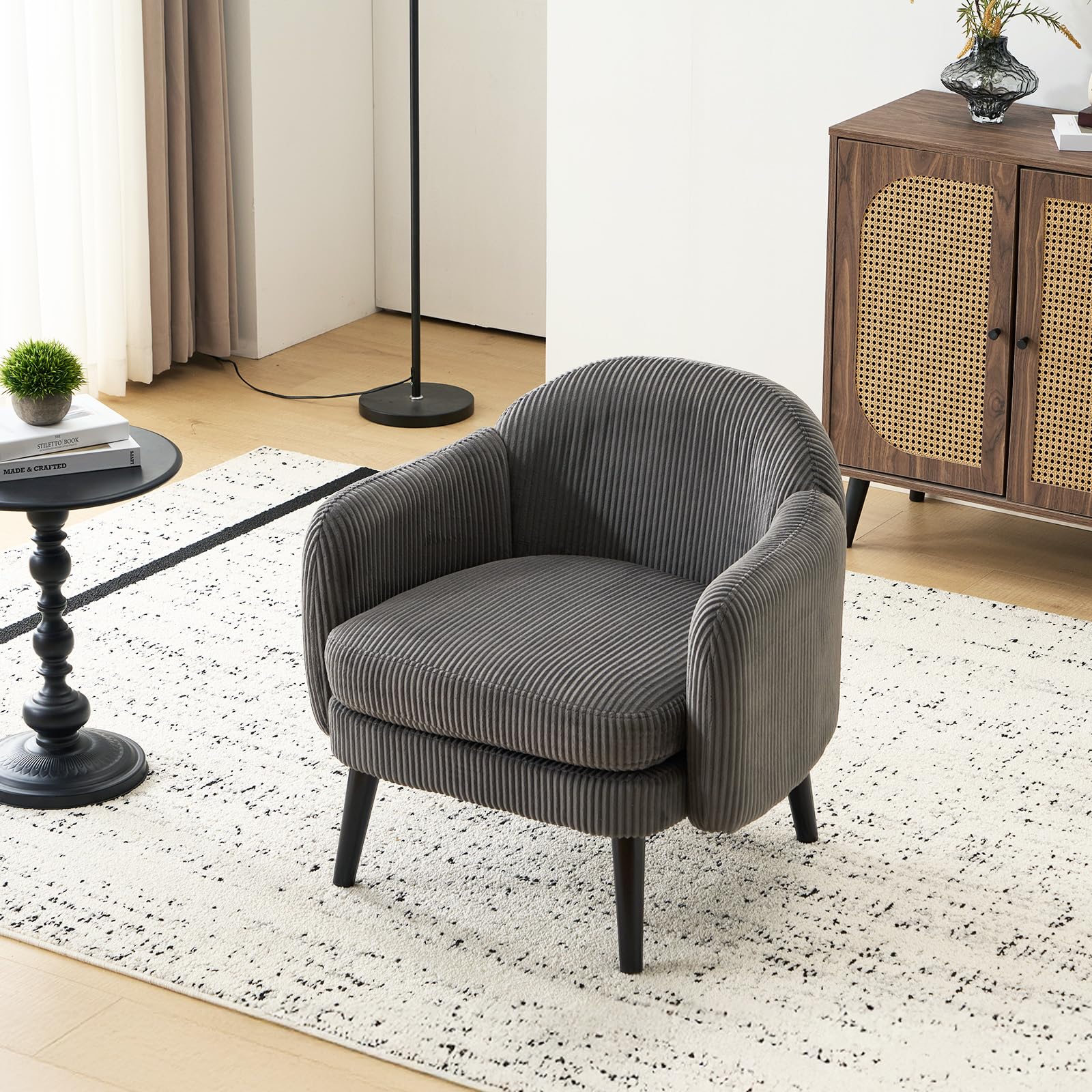 Bonnlo Sessel Gepolsterter Cocktailsessel, Moderner Loungesessel für Wohnzimmer, Lesesessel, Clubsessel, bis 113 kg belastbar, Schlafzimmer, Büro oder Wartebereich (Cord-Stoff, Dunkelgrau)