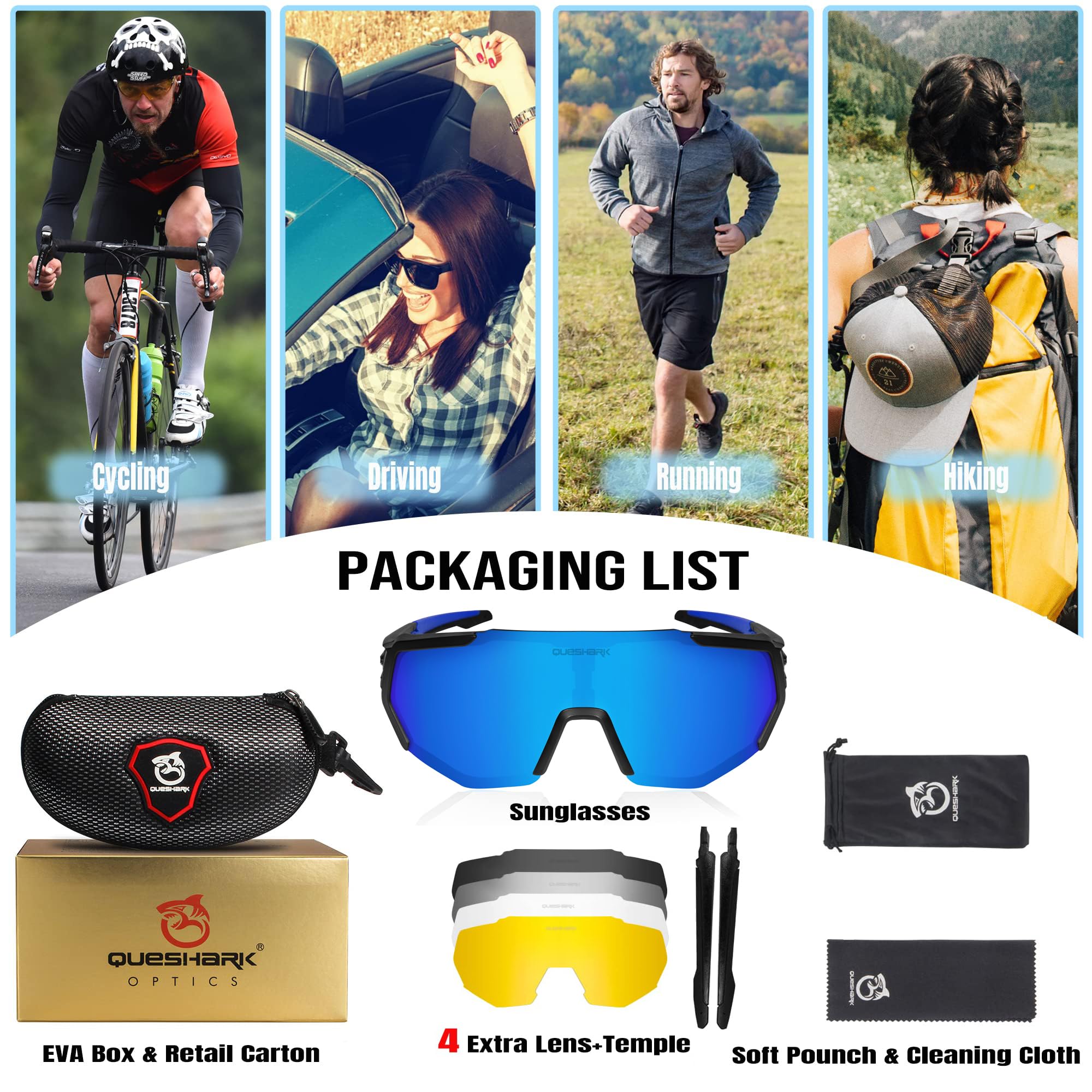 Queshark Polarizzati Anti-UV Occhiali da Ciclismo Bici MTB Intercambiabili per Sport Uomo Donna Guida Pesca Golf Baseball Corsa