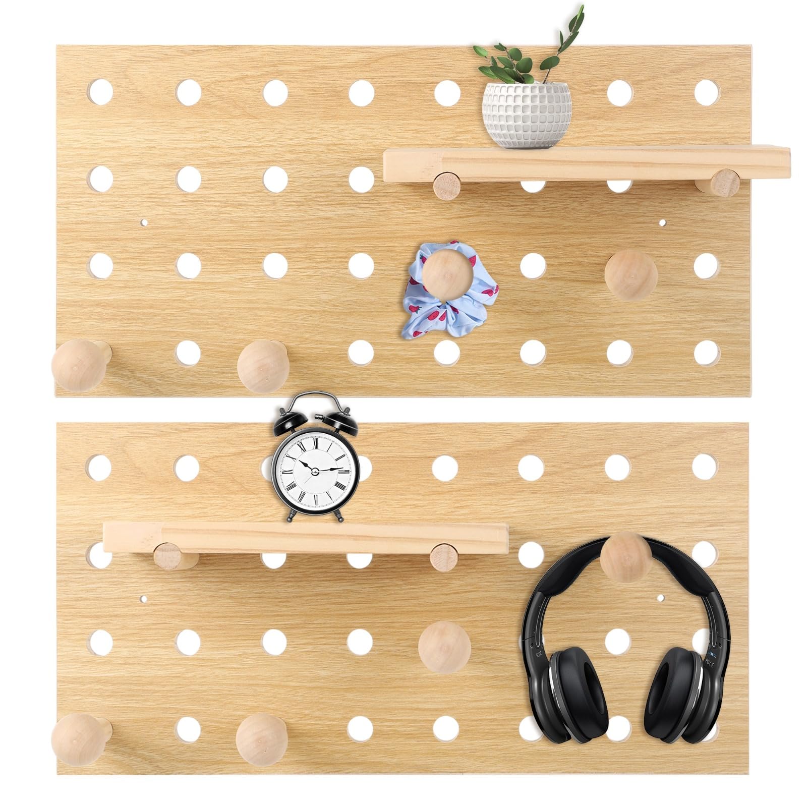 2 PCS Wooden Pegboards, Wood Pegboard Combination Kit, Wall Display Wooden Pegboard with Floating Shelves & Wooden Sticks, Wall Mounted Storage Shelf Organizer for Entrance Living Room Office