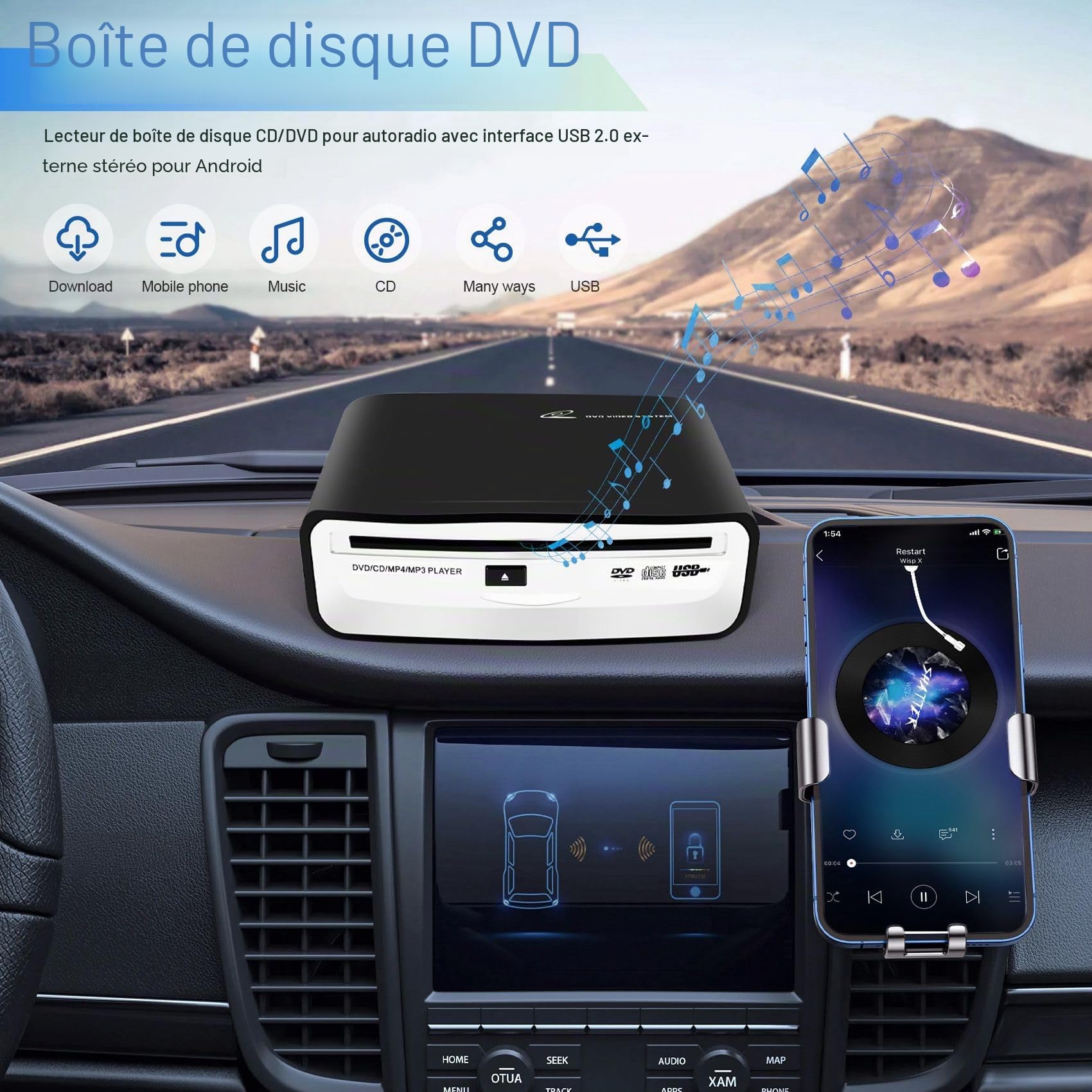 Interface USB 2.0 Autoradio CD/DVD Dish Box Player StéRéO Externe pour Android