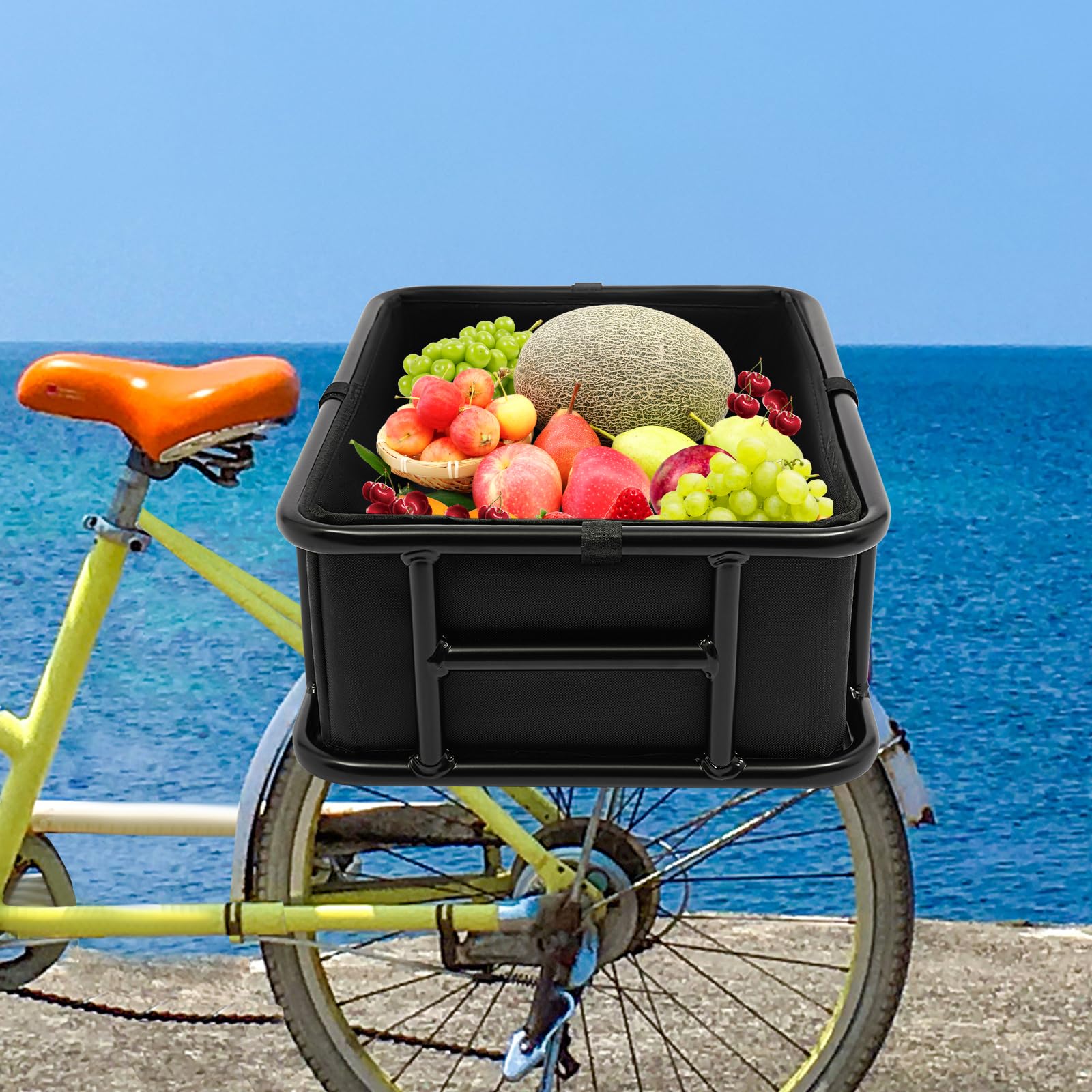 Panier de vélo arrière 456 x 320 x 150 mm, panier de roue arrière avec filet à bagages, doublure intérieure amovible, capacité de charge jusqu'à 70 kg, panier de porte-bagages pour chiens, animaux