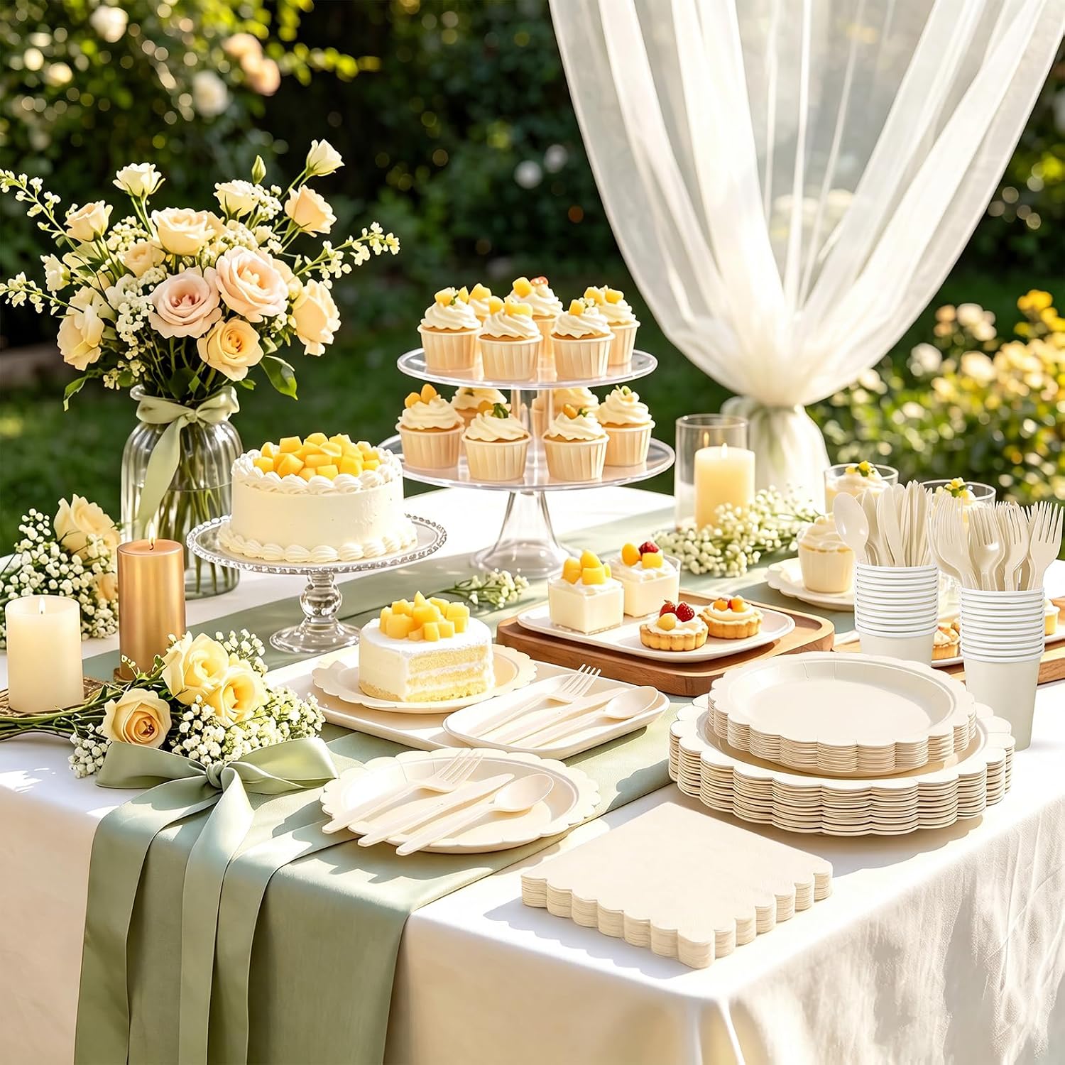 25 Set Party Plates and Cups and Napkins Ivory Scalloped Dinnerware