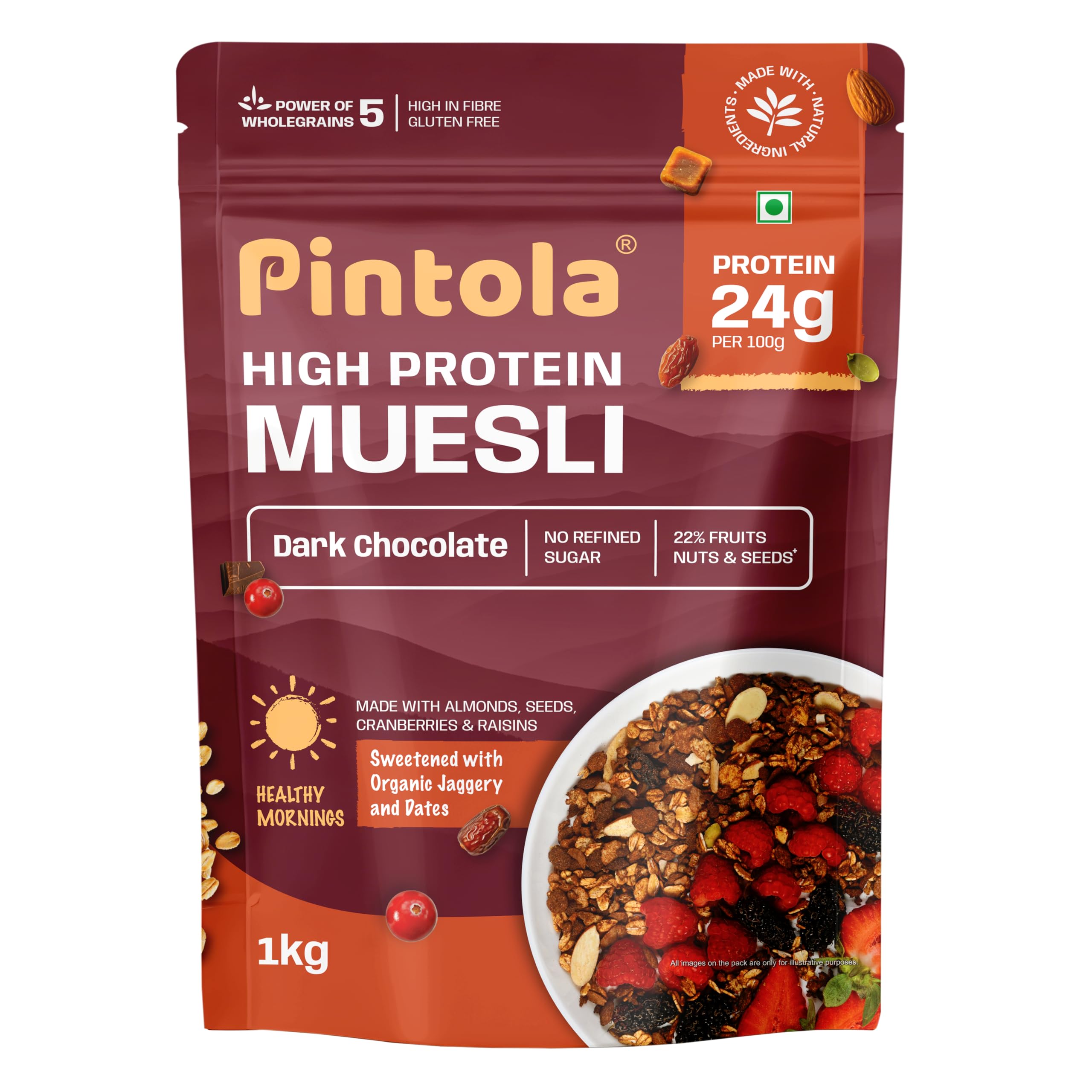 Pintola High Protein Muesli Dark Chocolate & Cranberry 1kg, 24g Protein, High Fibre, Trans Fat Free with Brown Sugar, Real Fruits, Muesli for Breakfast Food, Muselies Fruit Nuts and Seeds 1 kg
