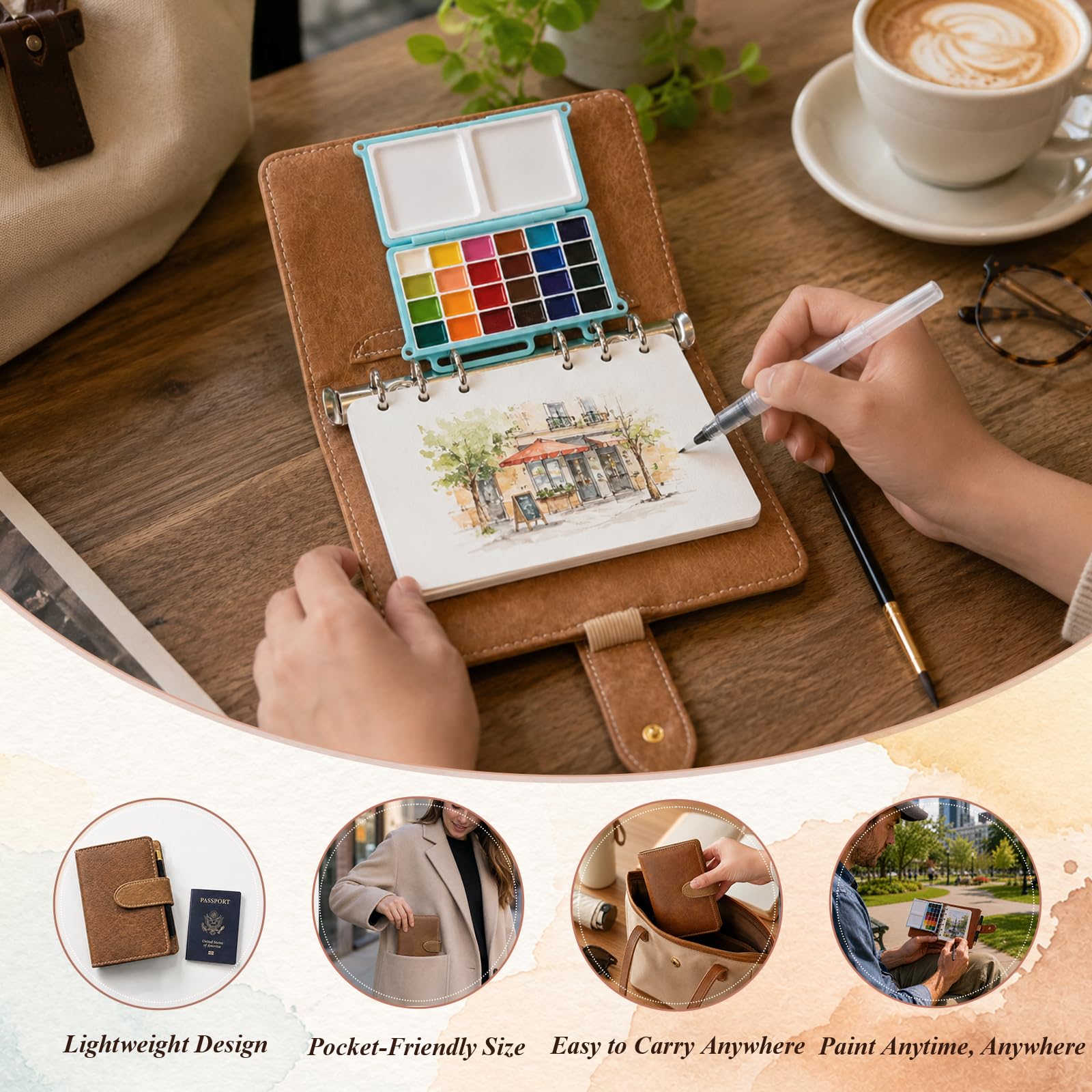 Set di pittura ad acquerello portatile da viaggio, 24 colori, scatola di pittura tascabile, 17,8 x 13 cm | 40 fogli di carta di cotone da 300 g/m² e 3 pennelli, album da disegno per artisti, pittura all'aperto e principianti