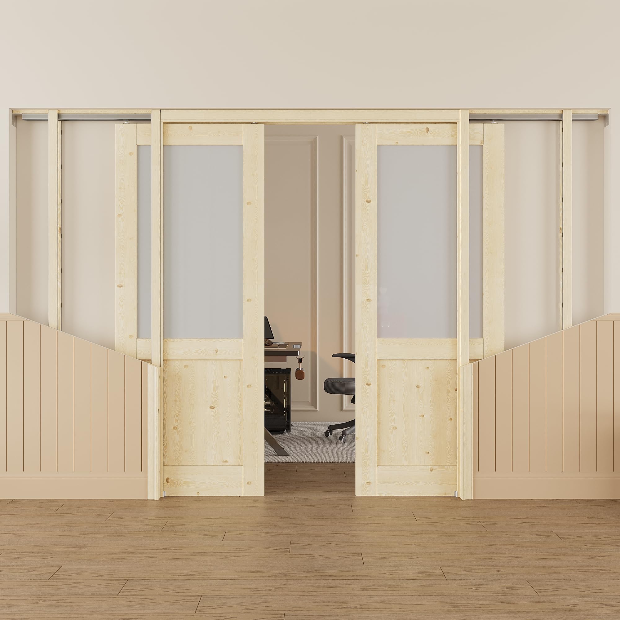 60x80 Sliding Double Pocket Door,Half Lite Frosted Glass Doors,French Door
