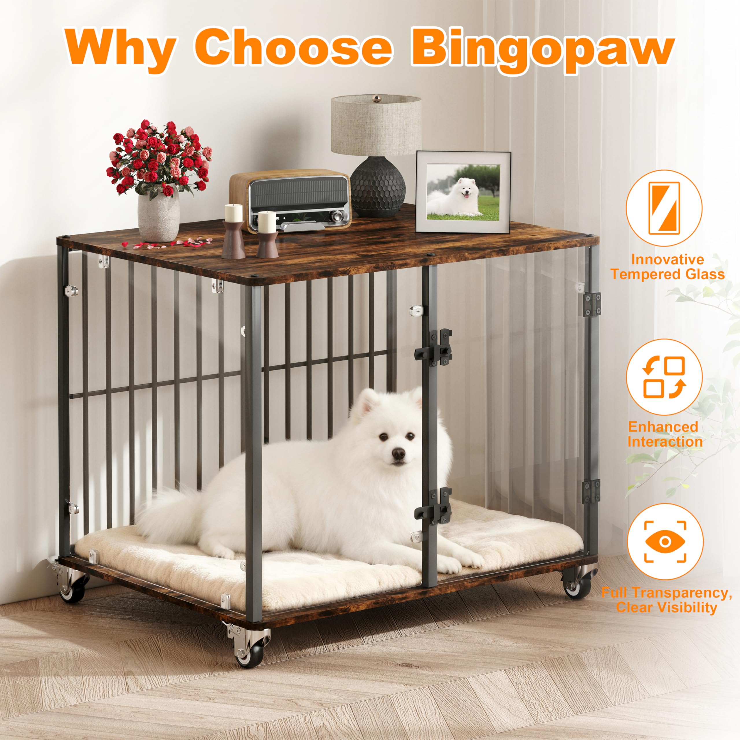 Bingopaw Jaula para Perros Mediano Mueble 77x60x65cm Jaula Perros Transparente de Vidrio Templado Resistente a Las Mordidas y Duradera con Hierro Fuerte Anticorrosivo y Superficie de Mesa