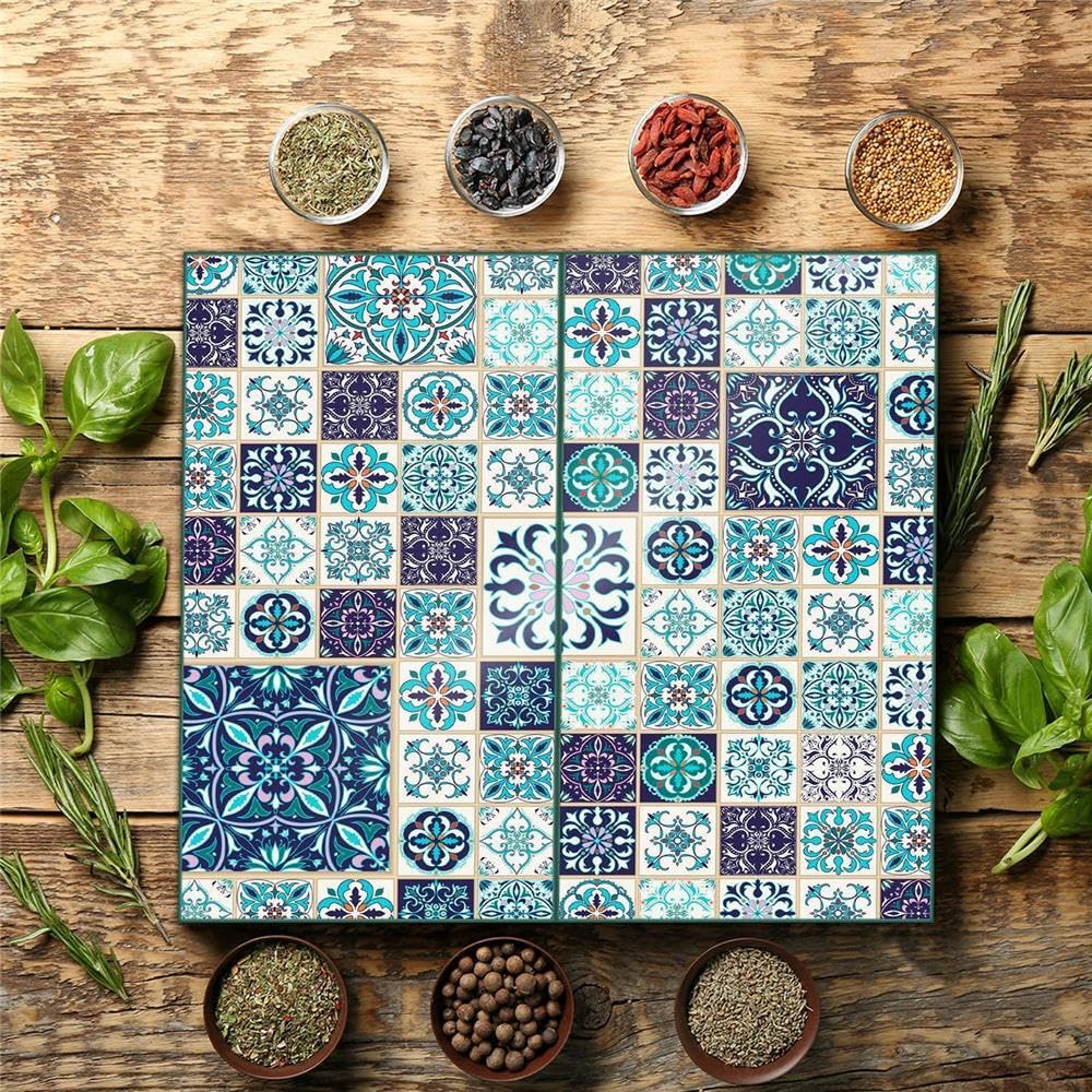Kookafdekplaat, afdekking, keramische plaat, afdekplaat, snijplank, 2-delig, 60 x 52 cm, mozaïek, meerkleurig, spatbescherming, glasplaat, keramische kookplaatafdekking, bescherming, veiligheidsglas
