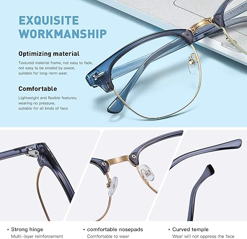 Miniatura 3 de Anteojos con bloqueo de luz azul con marco vintage a media montura, lentes UV transparentes, antifatiga ocular, para computadora, juegos, para