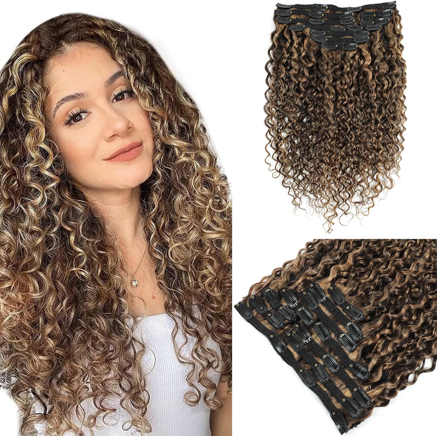 Urbeauty Curly Clip in Extensions Remy Human Hair Brown Highlight Blonde Natural Wavy Hair Extensions 18 Inch 120g Triple Weft Clip in Hair Extensions Full Head Kinky Curly Human Hair 4/27