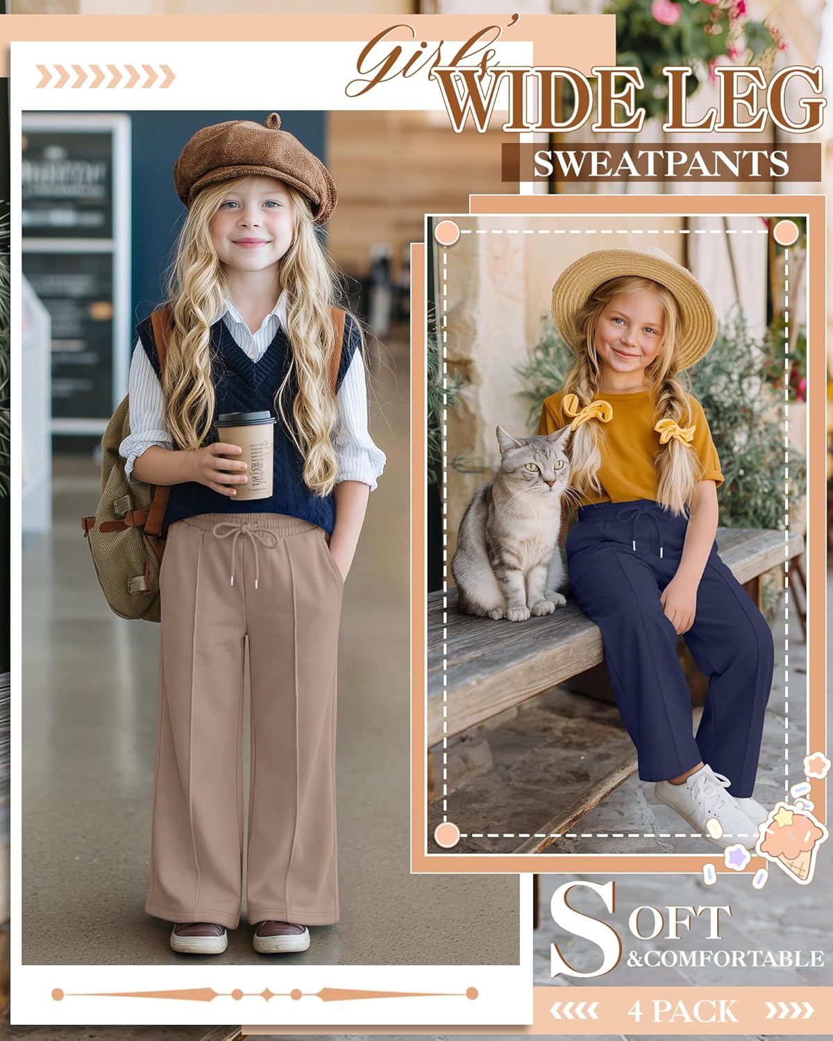 4 Pack Girls Sweatpants Teen Girls Baggy Wide Leg Pants Drawstring Joggers Athletic Trousers with Pockets 5-14Y - Image 4