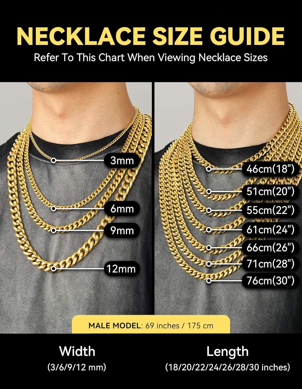 ChainsHouse Miami Cuban Chain Necklace for Men Women, 3mm/6mm/9mm/12mm Width, 316L Stainless Steel/14K Gold/Black Plated, Hypoallergenic Mens Hip Hop Chain, 14"/18"/20"/22"/24"/26"/28"/30" - Image 6