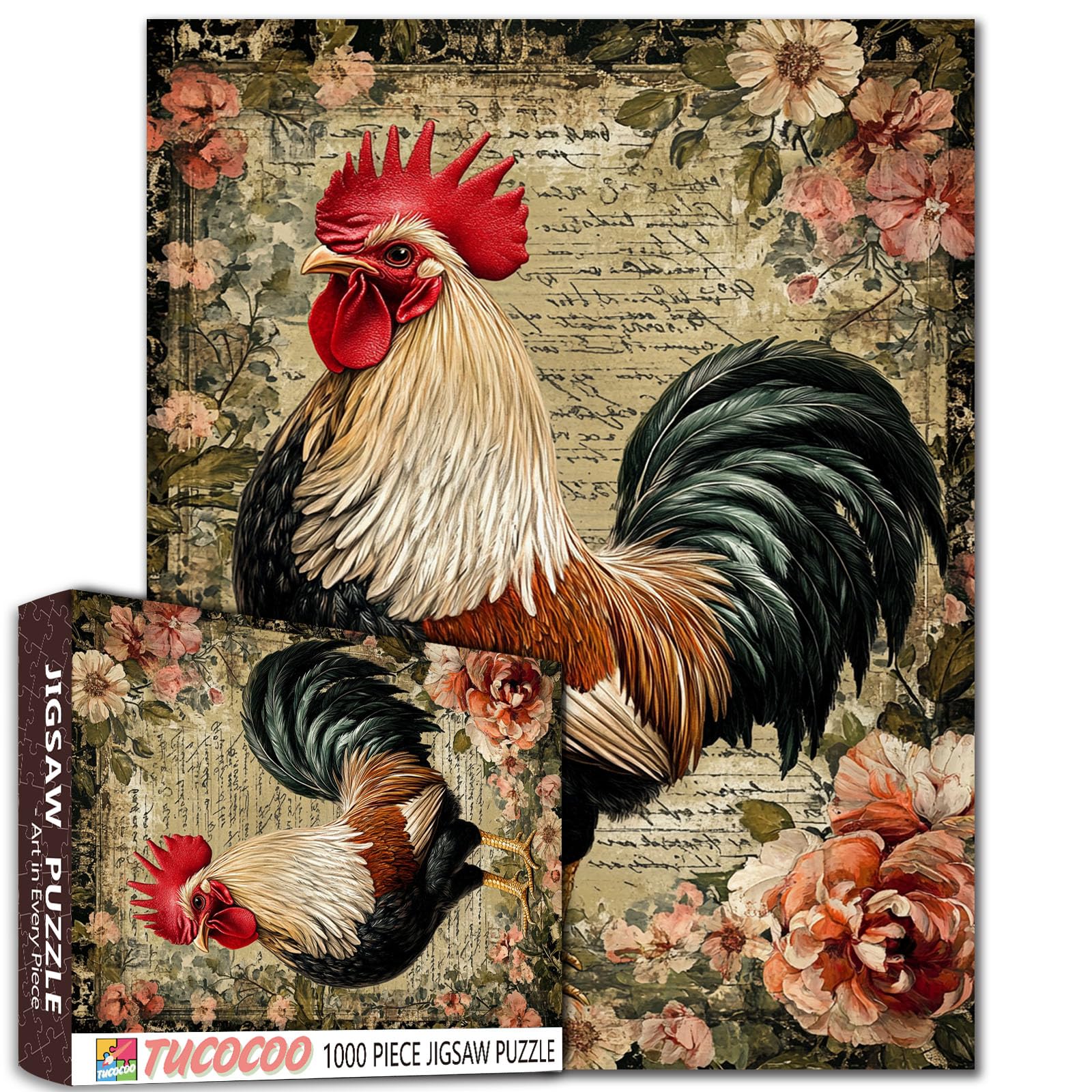 Rustic Rooster Jigsaw Puzzle Chicken 1000 Piece Jigsaw Puzzles for Adults,Vintage Animal Painting Jigsaw Puzzle 20 x 27 Inch Colorful DIY Puzzles for