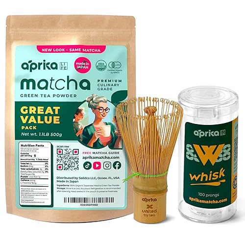 AprikaLife Paquete de matcha japonesa + matcha batidor Té verde matcha orgánico en polvo 17.64oz1.1 libras y Chasen hecho a mano (100 puntas)