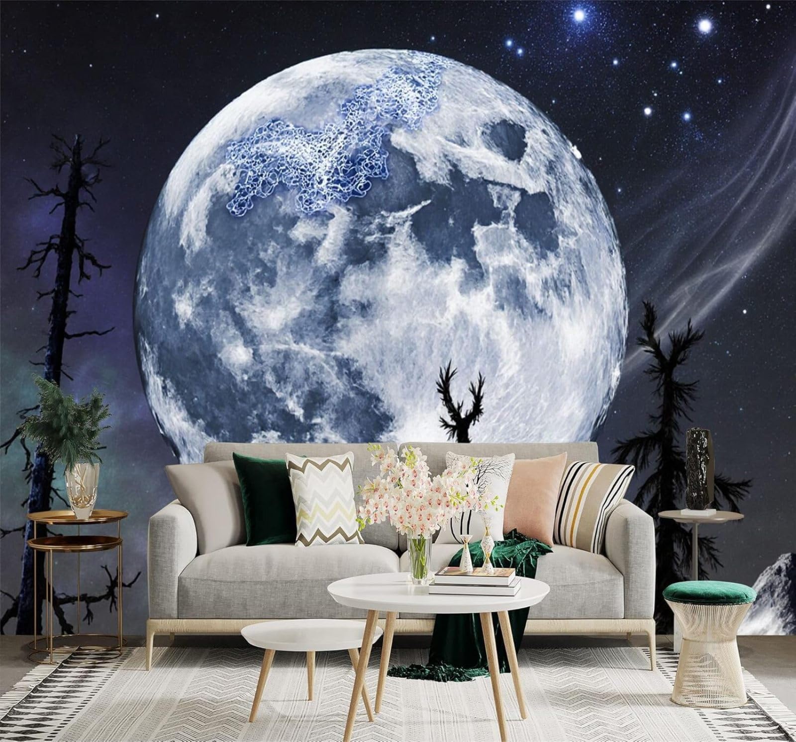 Xlming 250Cm×170Cm(B×H) Full Moon Dark Forest Starry Sky Misty Clouds Landscape 3D Wallpaper Silky Texture Home Study Office Grey Dining Room Sofa Bedroom Living Room Tv Backdrop-250Cm×170Cm
