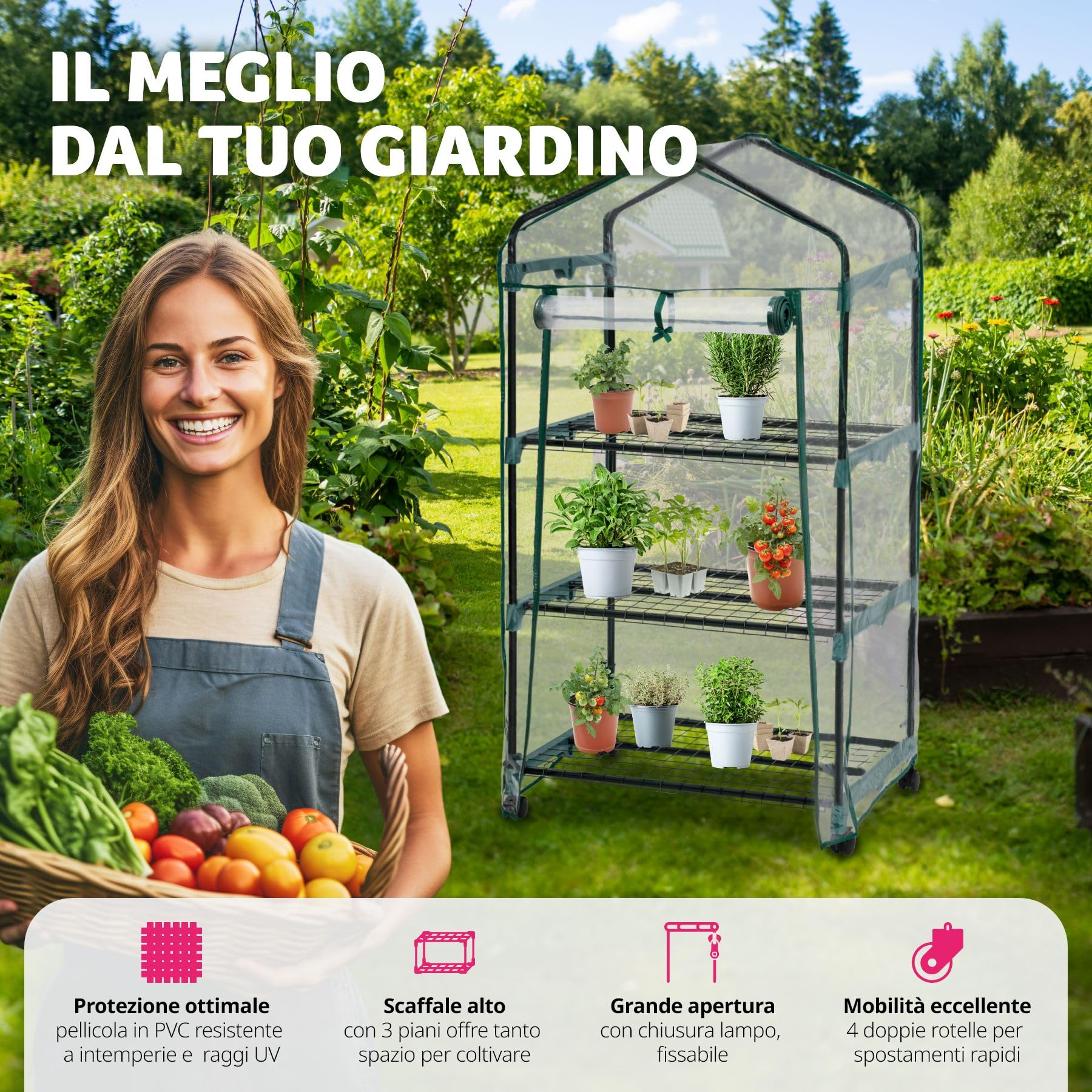 tectake® Serra da Giardino con Telaio in Acciaio, Serra da Esterno con 3 Piani di Appoggio, Griglia in Metallo, Pellicola in PVC, Comoda Porta di Accesso, Trasportabile, 69x49x133 cm