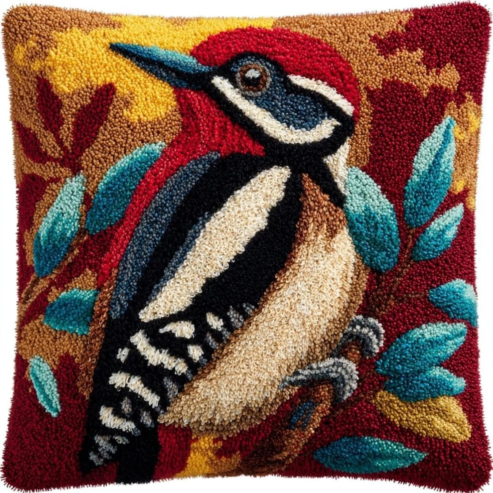 AxiangziK Pre-Printed Latch Hook Cushion Kits,Woodpeckers 43x43cm Latch Hook Kits for Adults Beginners Handmade Cushion Sofa Bedroom Decor Craft Gifts
