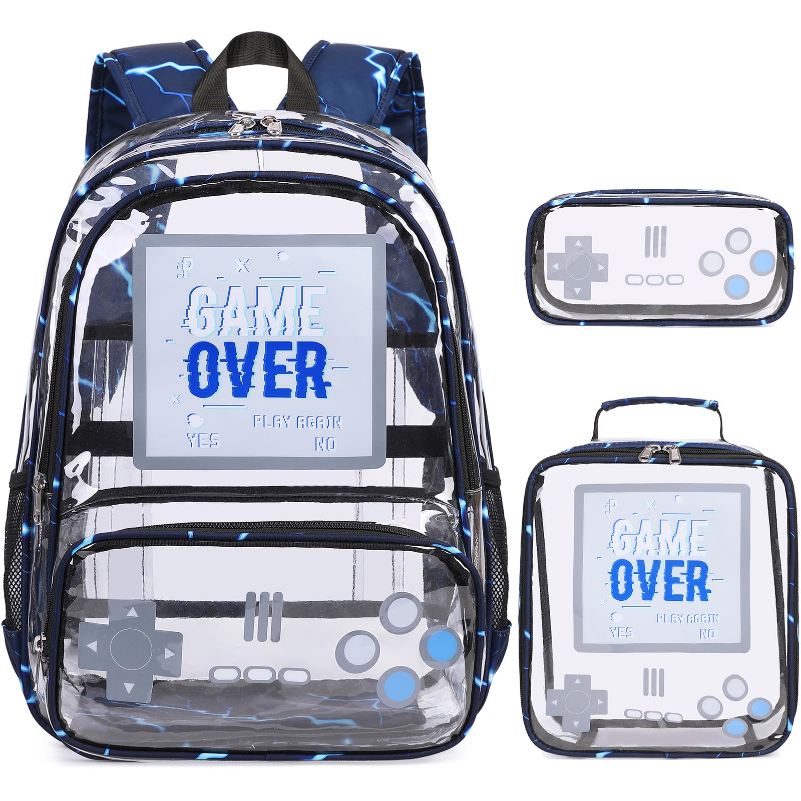Scothen Clear Backpack for Boys, Clear Gamer School Backpack Heavy Duty with Lunch Bag and Pencil Case, Transparent See Through Bookbag Stadium