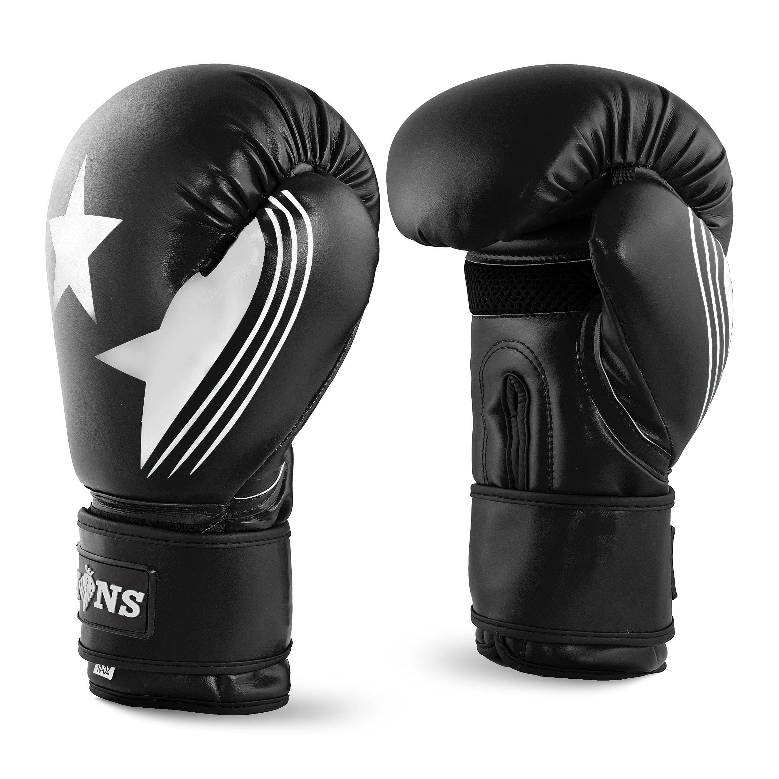 Lions Boxing Gloves - Premium Faux Leather, Pro Sparring Training Muay Thai Gloves, MMA Punching Kickboxing Bag Focus Mitts Fighting Training Workout for Men Women (MAX STAR WHITE, 10OZ)