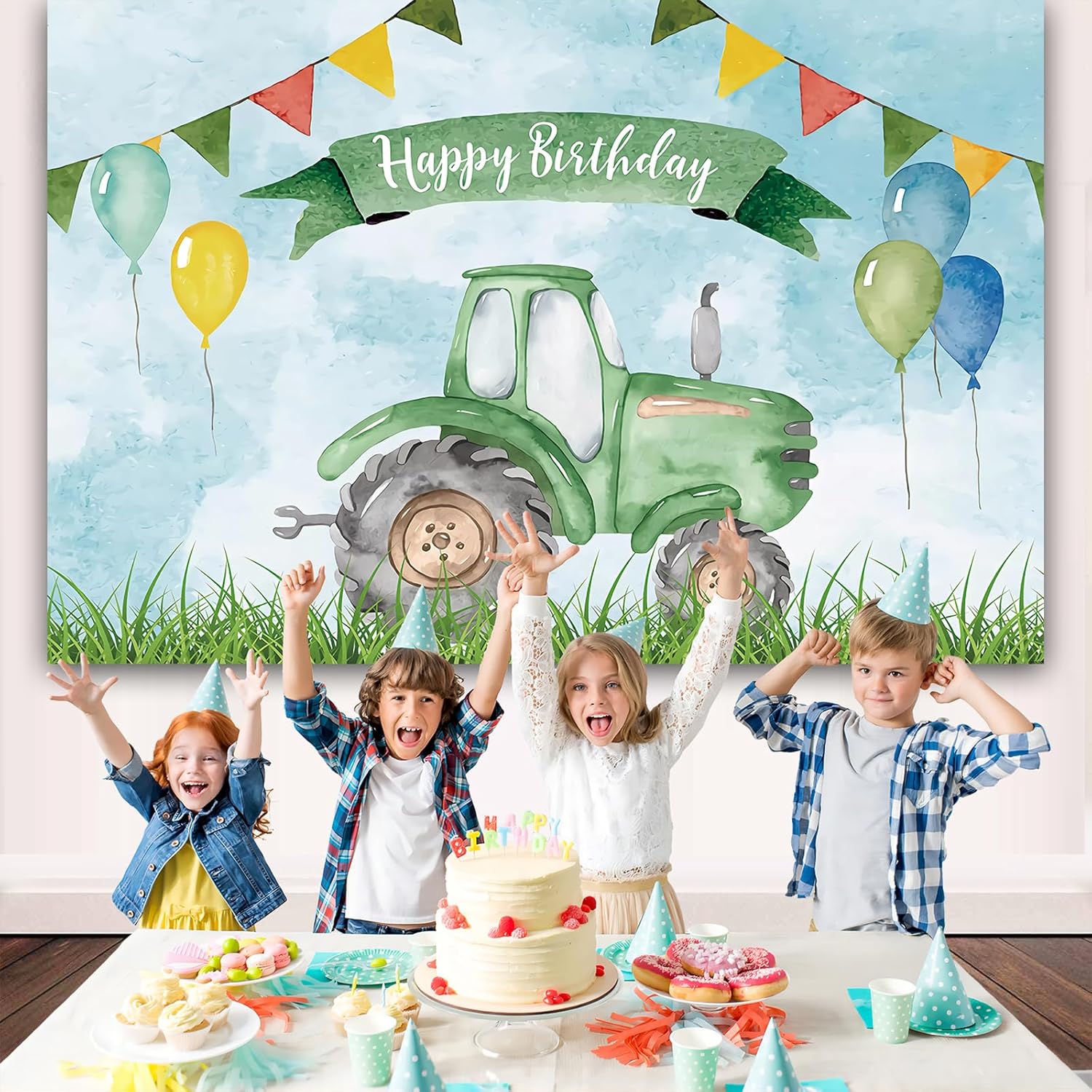 Cartoon Green Tractor Backdrop 10x8Ft Happy Birthday Balloon Grass Backgrounds Event Party Decorations Supplies Photographic Studio Photo Backgrounds Banner Polyester Fabric